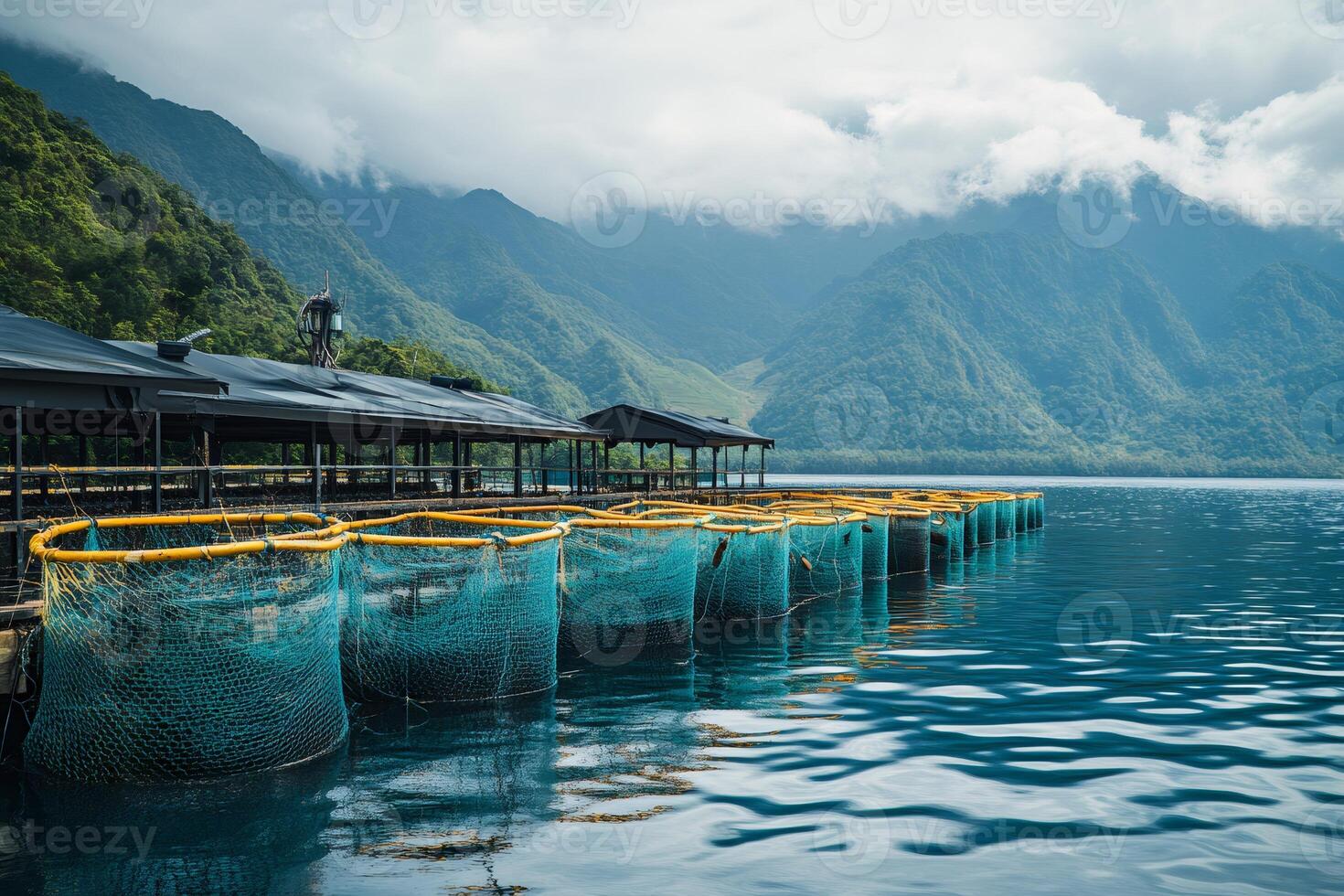 Fish farm structures floating on a lake with mountains in the background photo