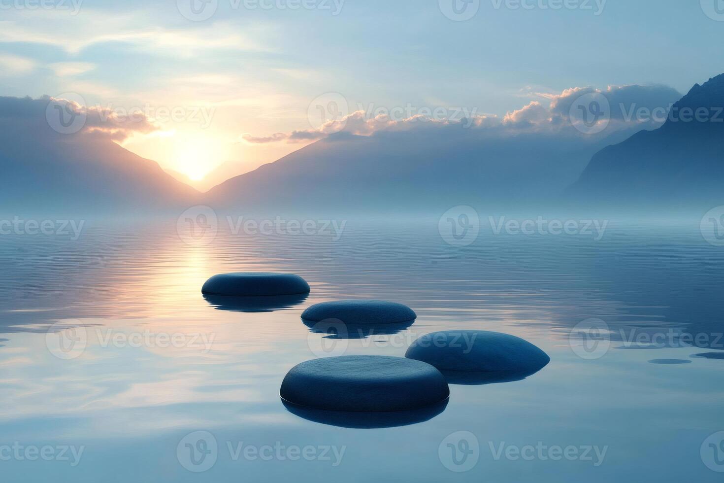 Stepping stones leading to misty sunrise over lake and mountains photo