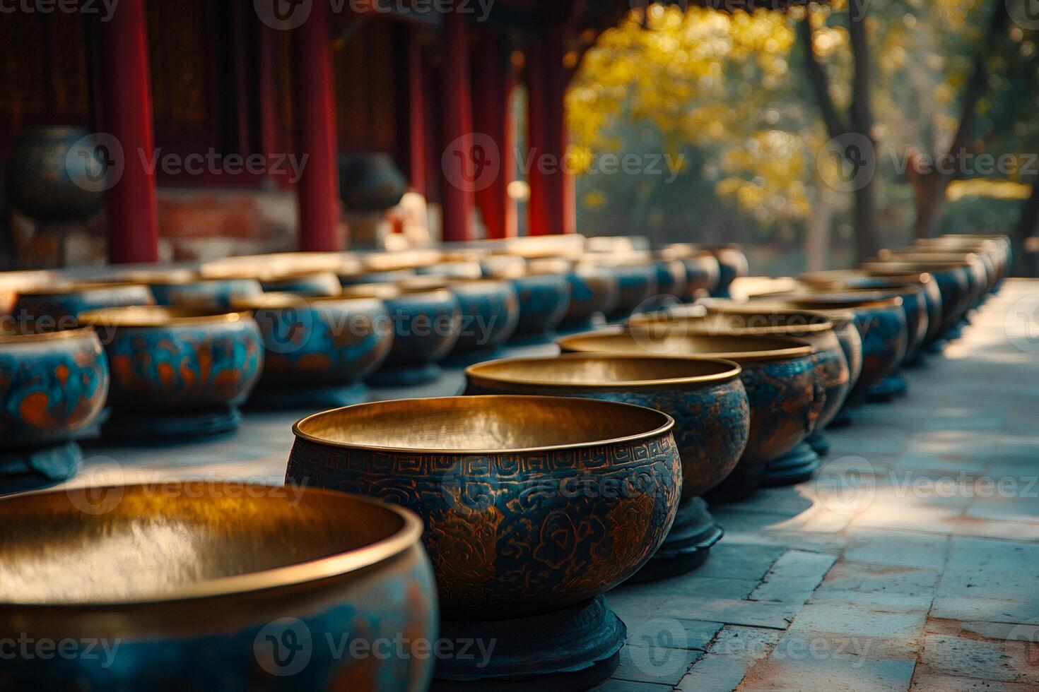 Offering bowls resting in temple courtyard embracing tranquility photo