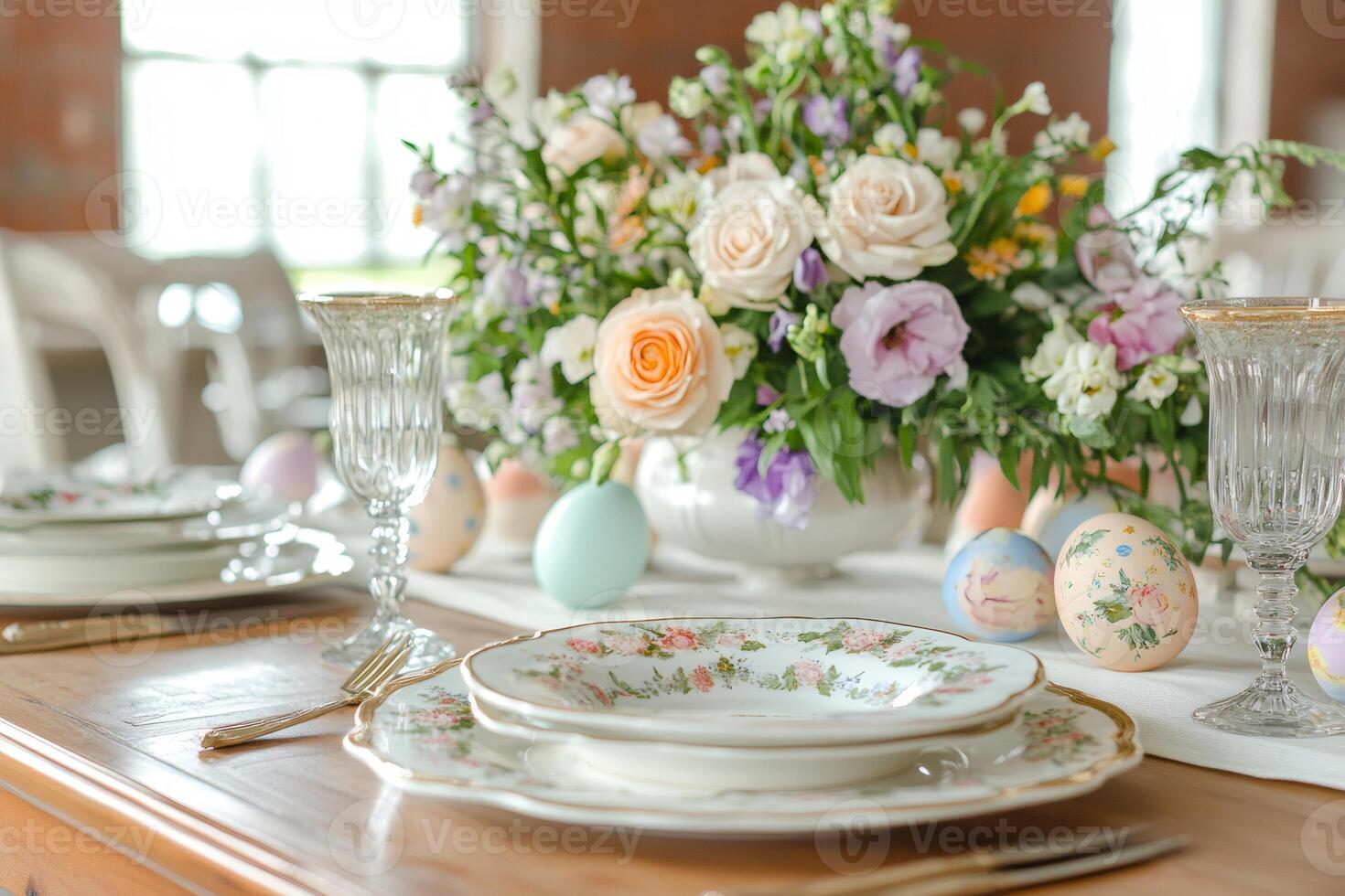 Easter table setting decorated with flower arrangement and pastel colored eggs photo