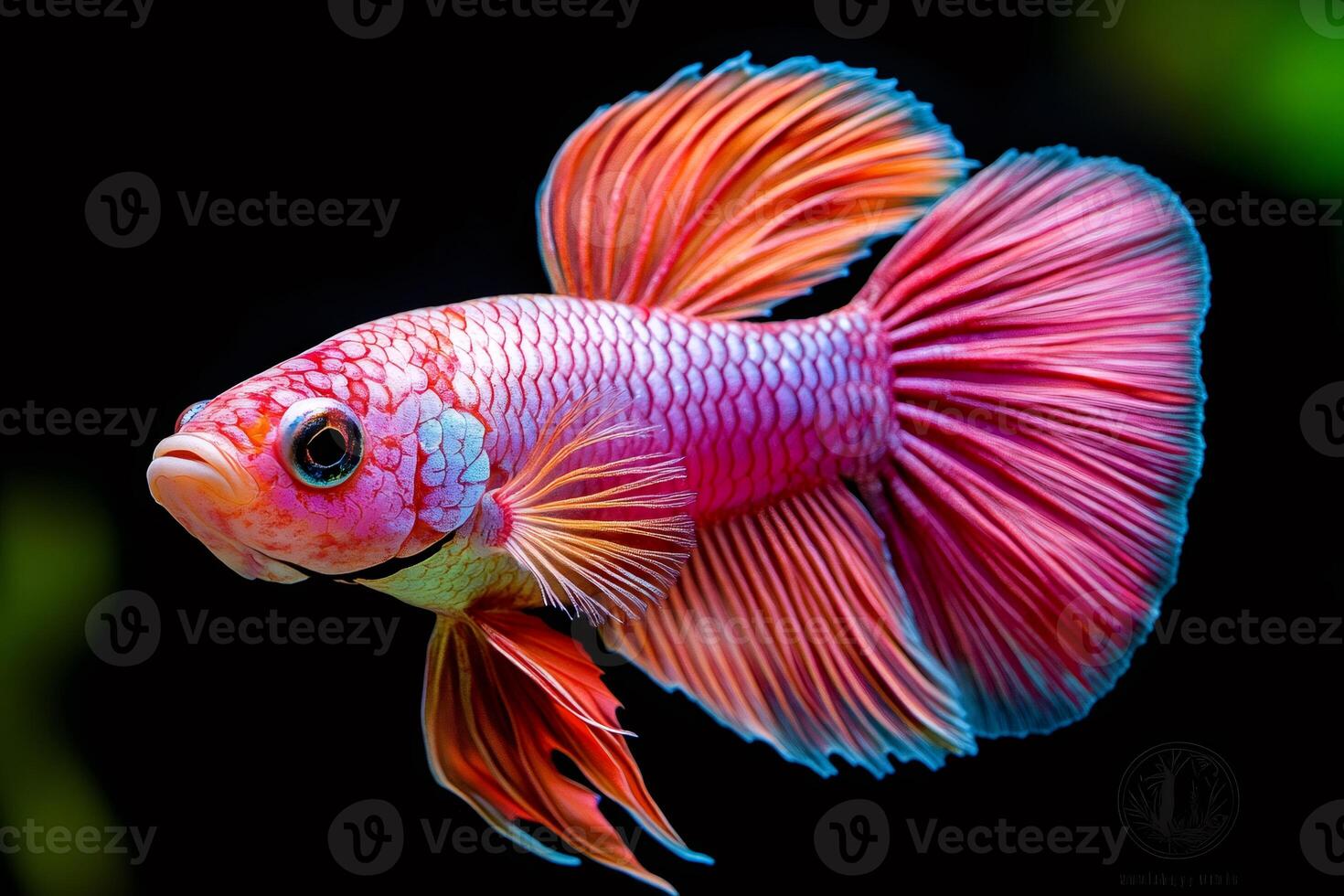 Colorful betta fish flaunting its vibrant fins on a dark background photo