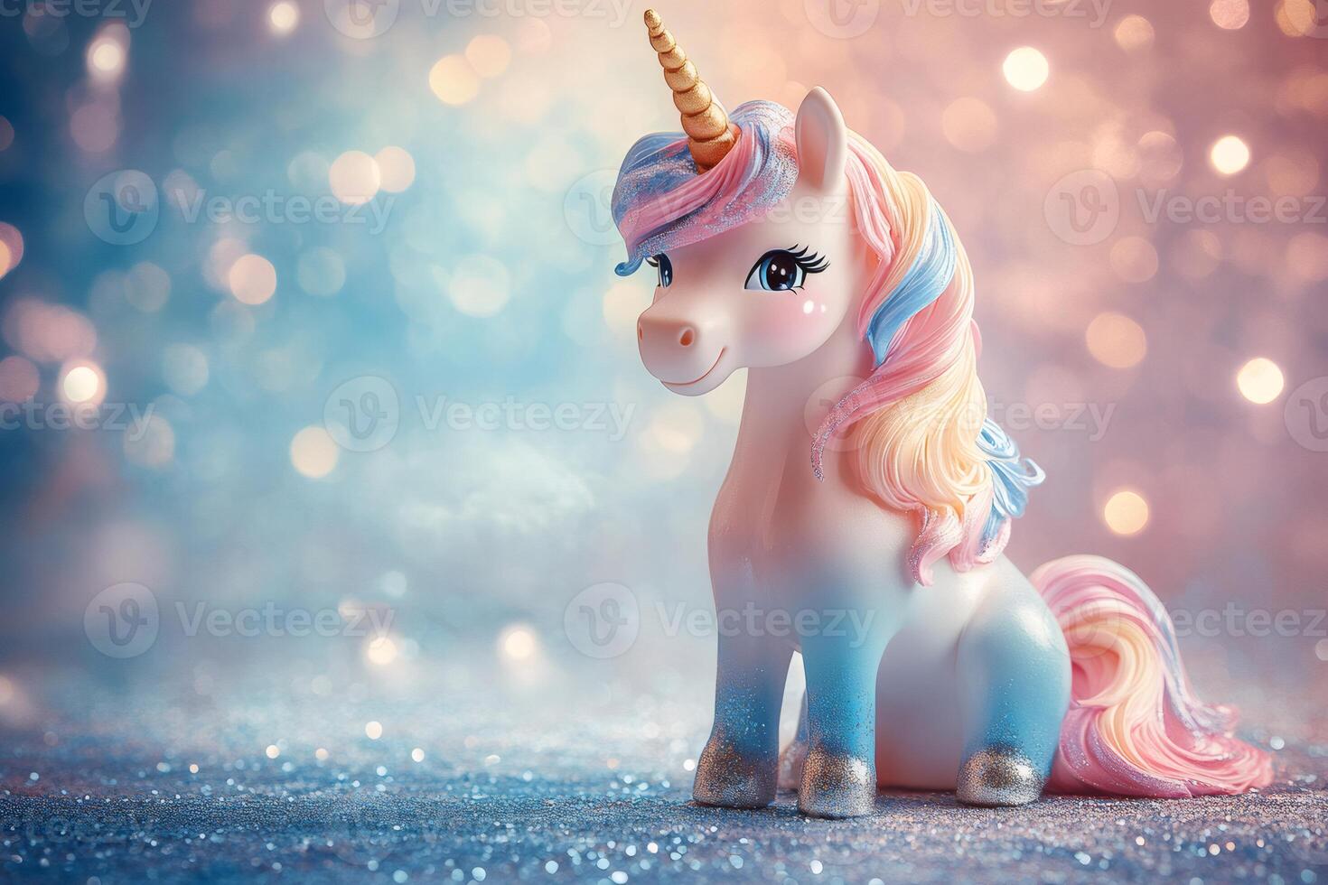 Cute magical unicorn sitting on glitter with sparkling background lights photo