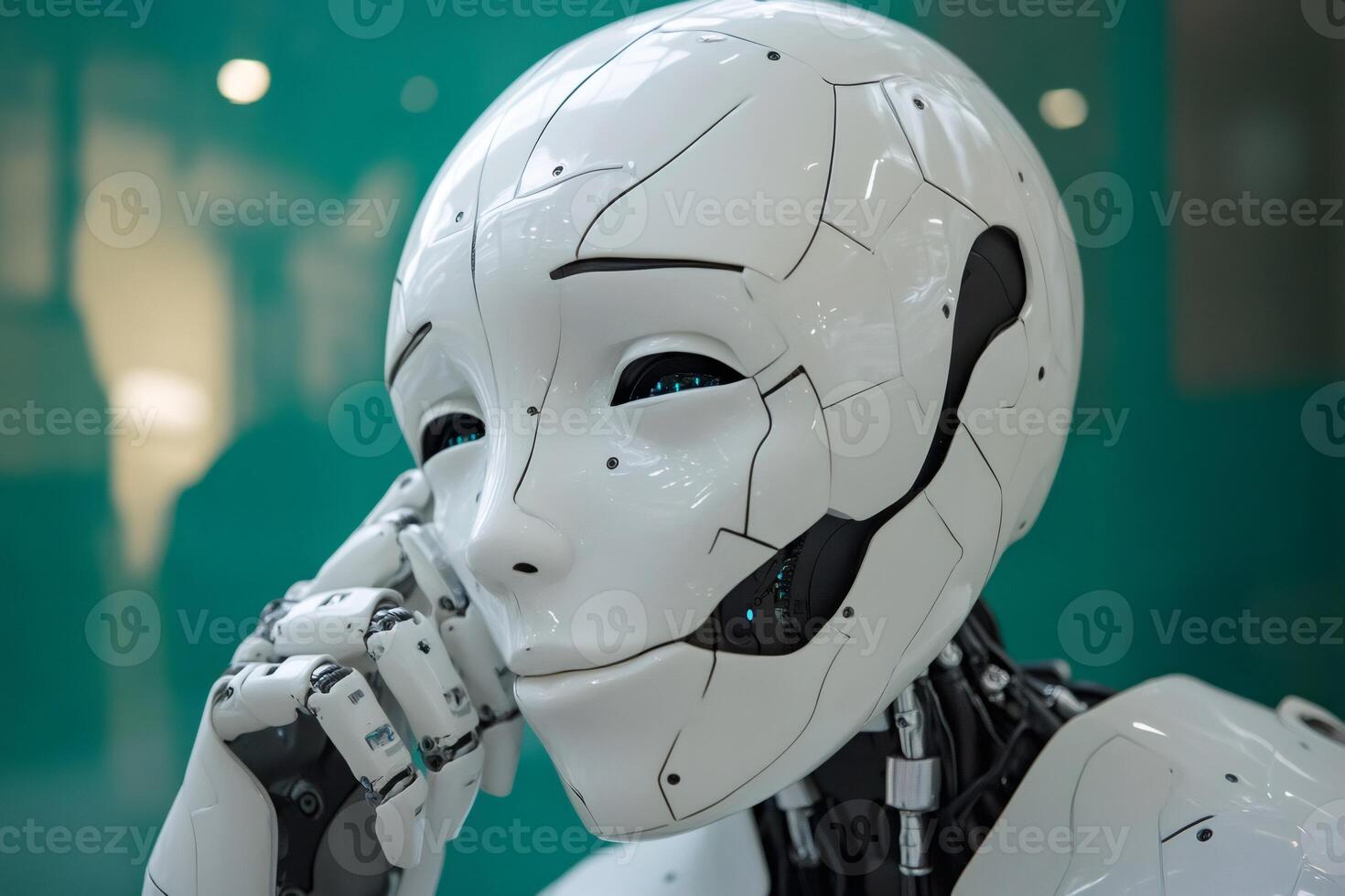 Humanoid robot making a phone call in a modern office setting photo