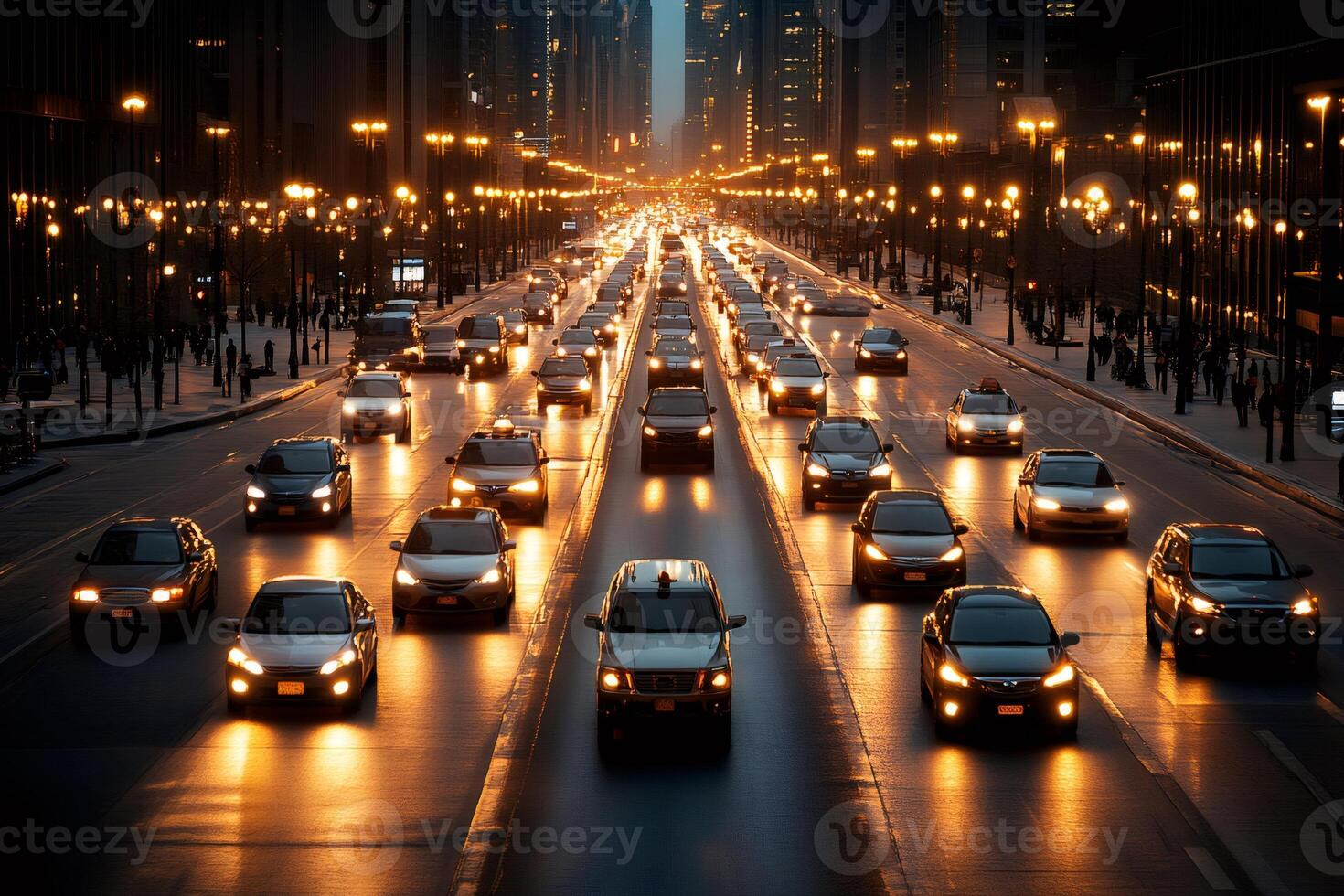 Cars driving on chicago's magnificent mile at dusk with headlights illuminating the road photo