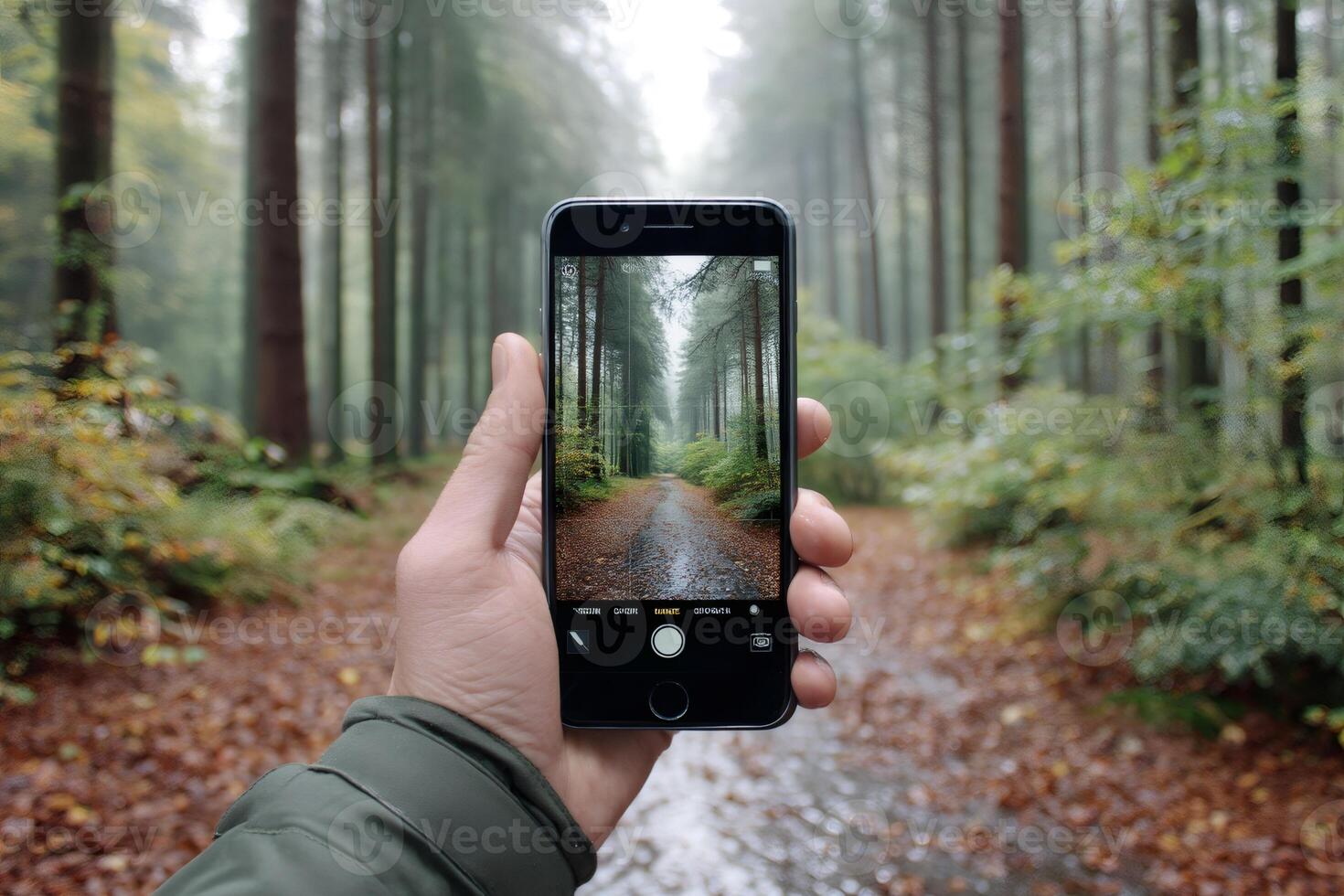 Hiker taking photo of forest path with smartphone on autumn day