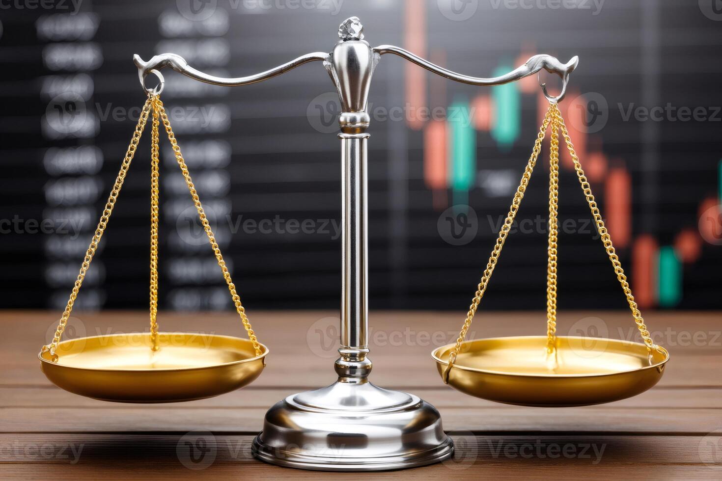 Scales of justice balancing on wooden table with stock market data in background photo