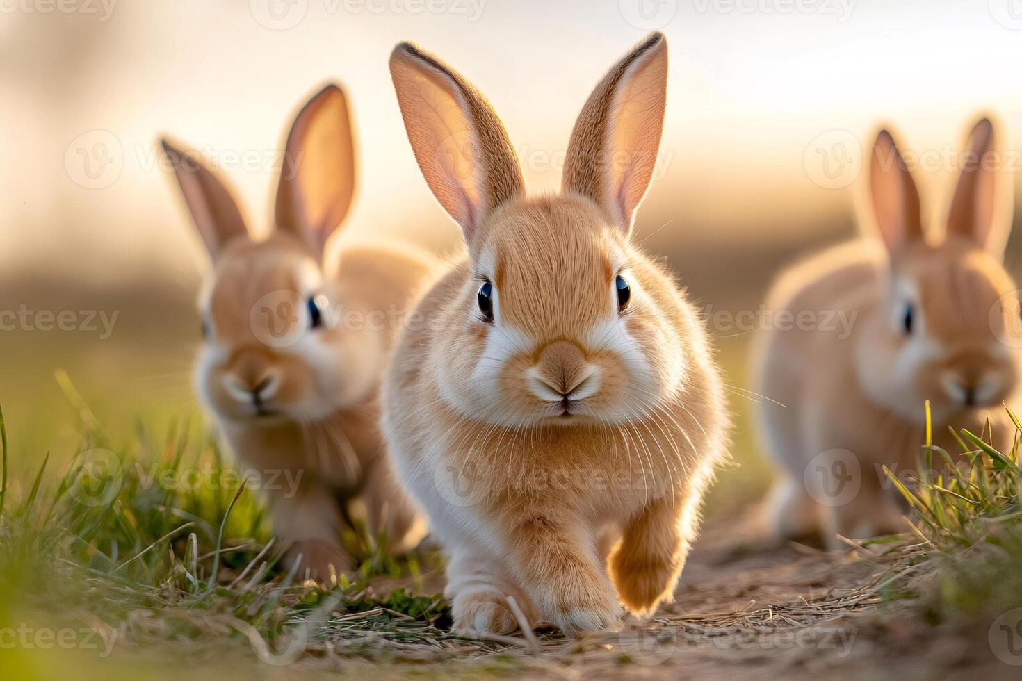 Three adorable rabbits running on grass at sunset photo