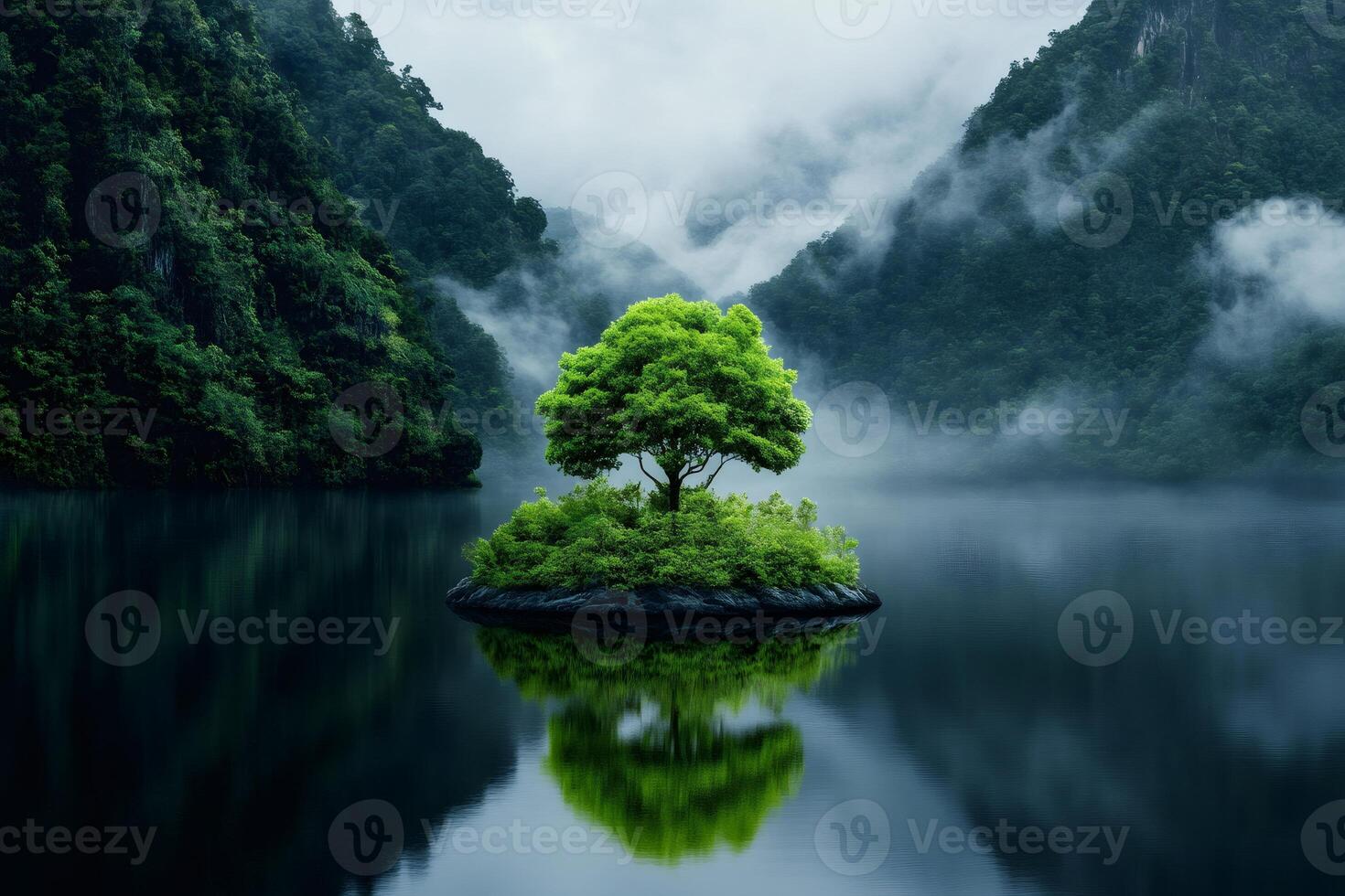Lonely tree growing on small island in a lake surrounded by misty mountains photo