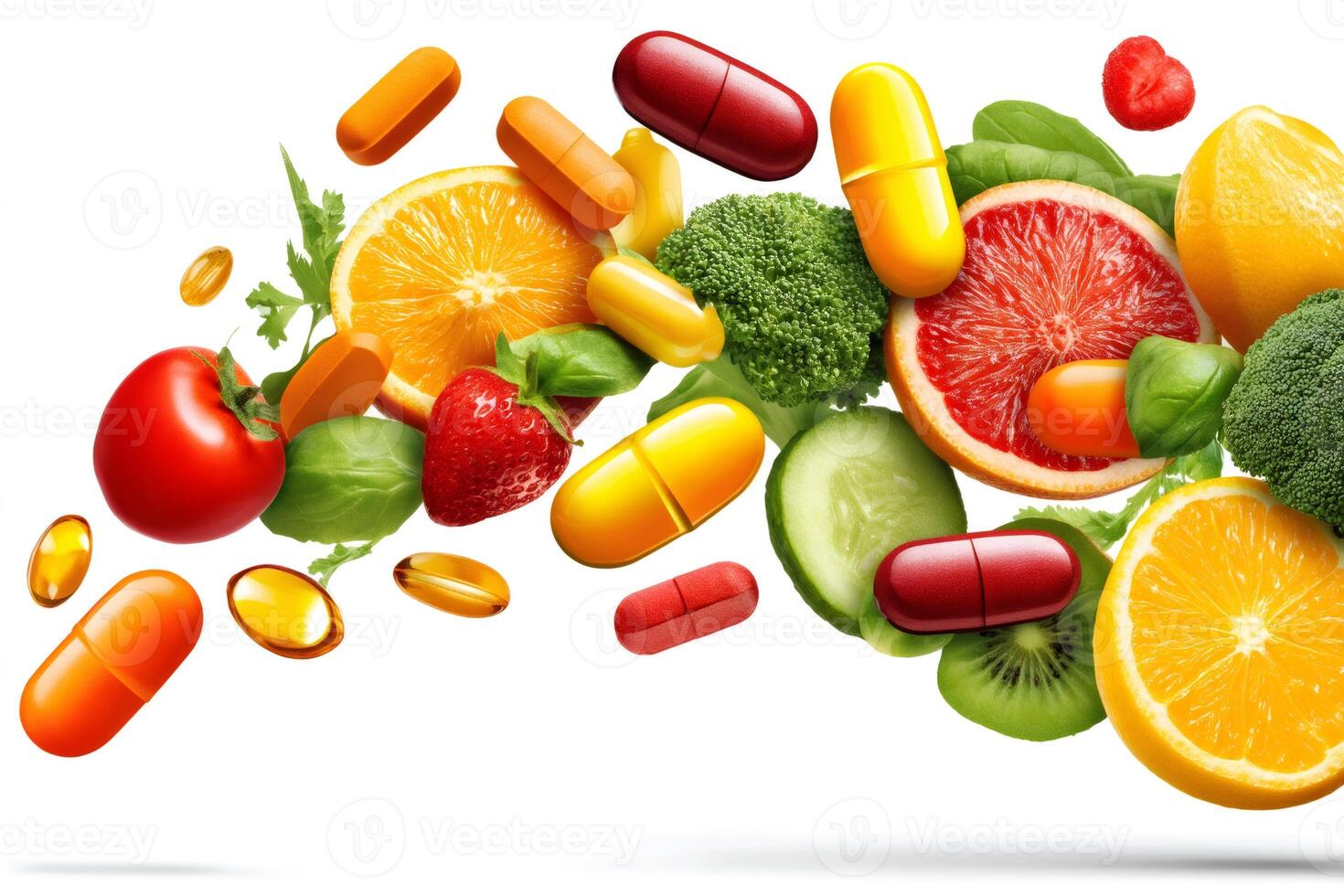 Vitamins and supplements flying with fruits and vegetables on white background photo