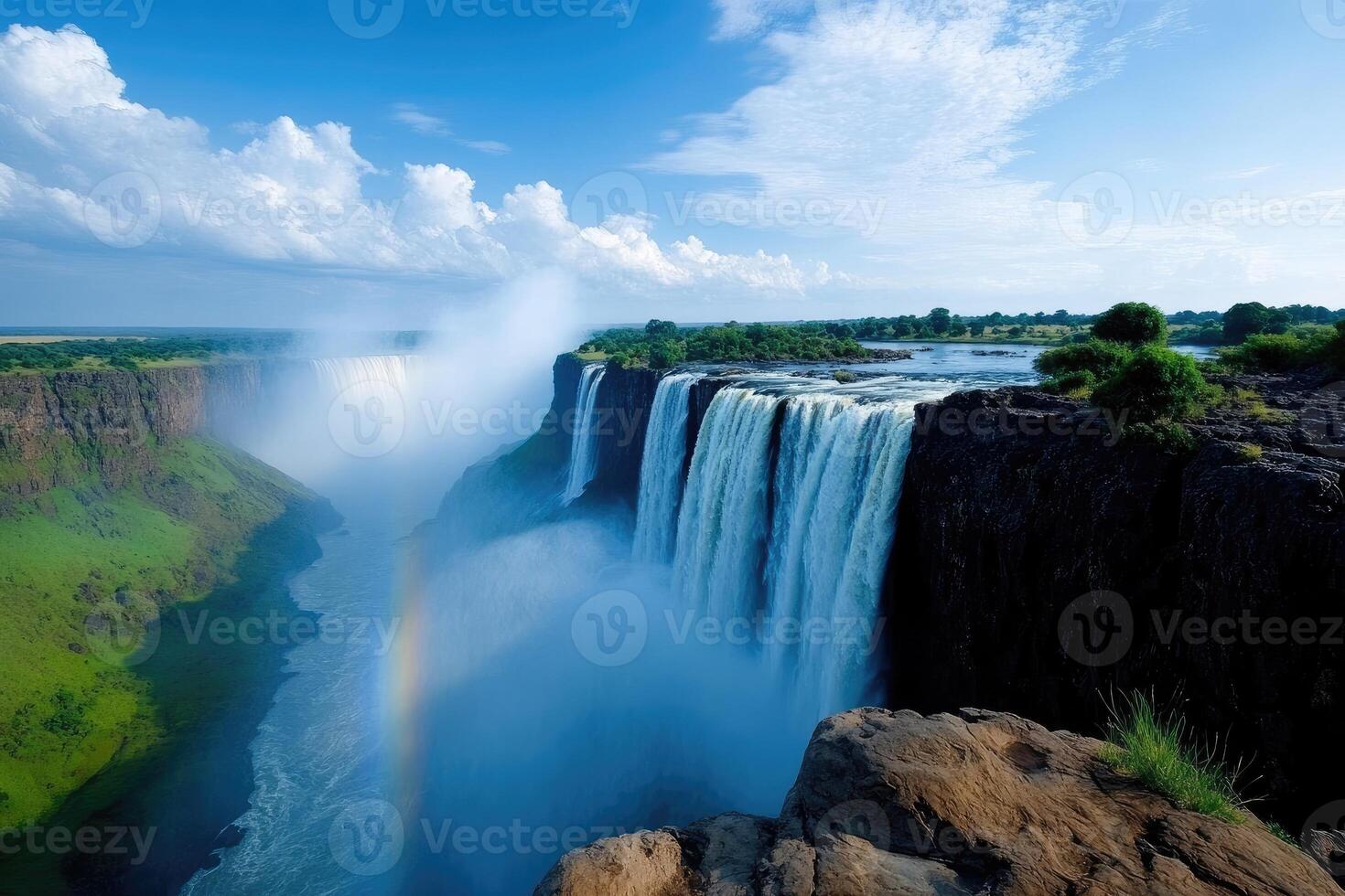 Scenic view of victoria falls, creating mist and a rainbow on a sunny day photo