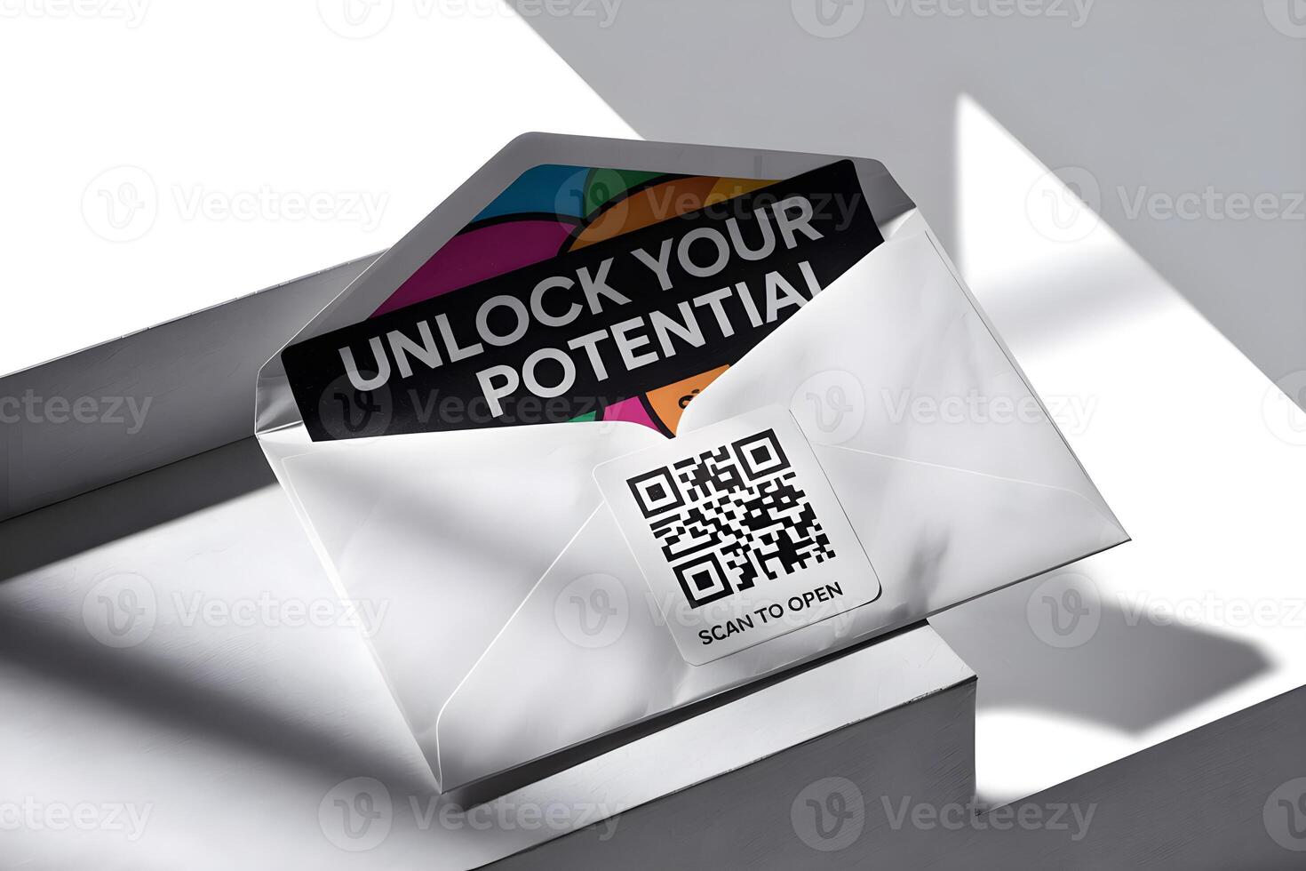 Envelope containing card with unlock your potential text and qr code photo
