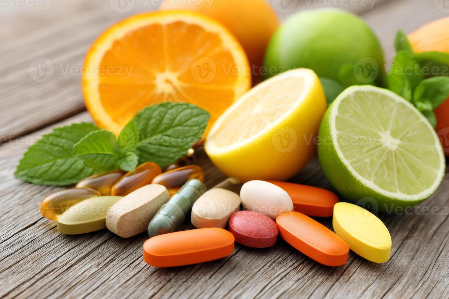 Vitamins spilling out of fresh citrus fruits on wooden table photo