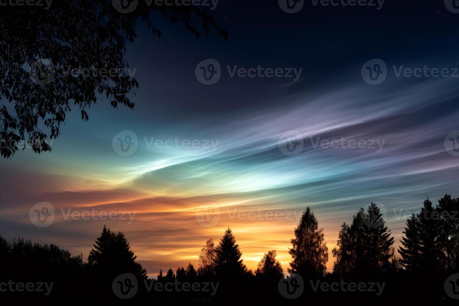 Polar stratospheric clouds shining over the forest at sunset photo
