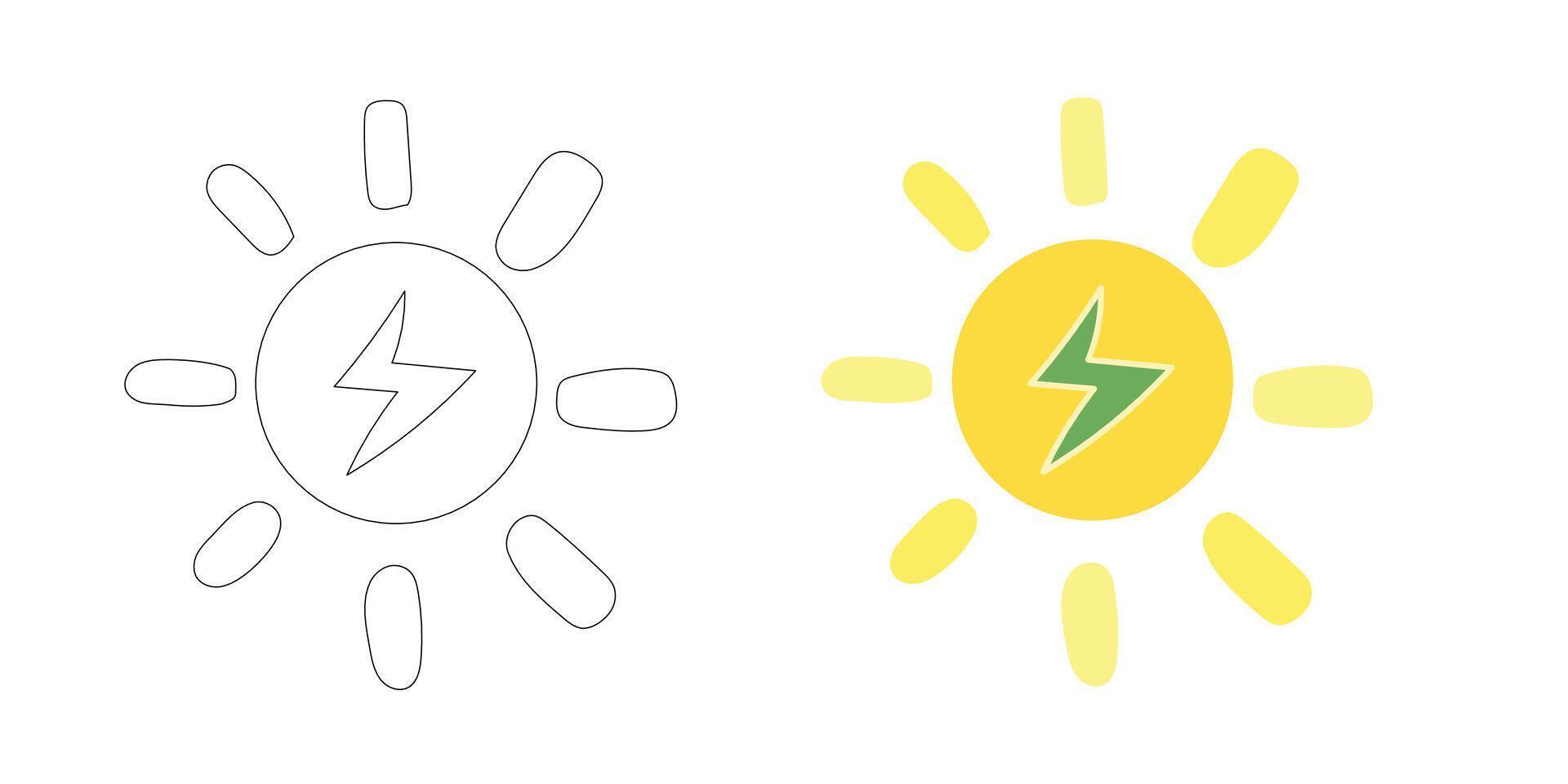 Solar energy icon with yellow sun and green lightning, representing clean power, environmental light sources, and bright climate action vector