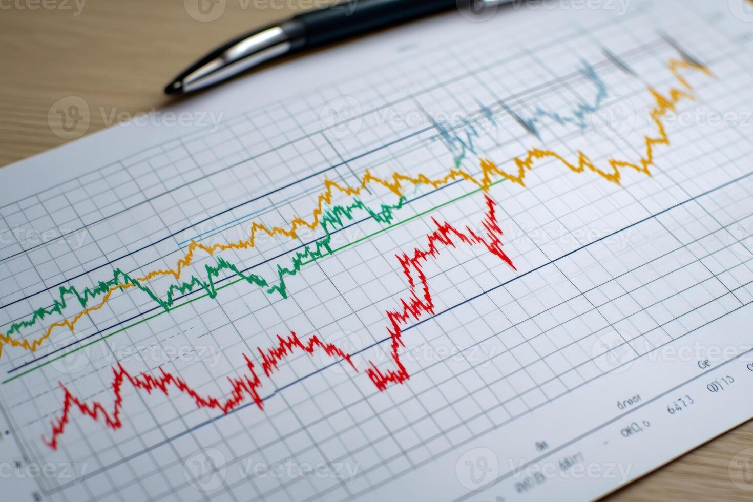 Colorful graph showing market volatility with pen on desk photo