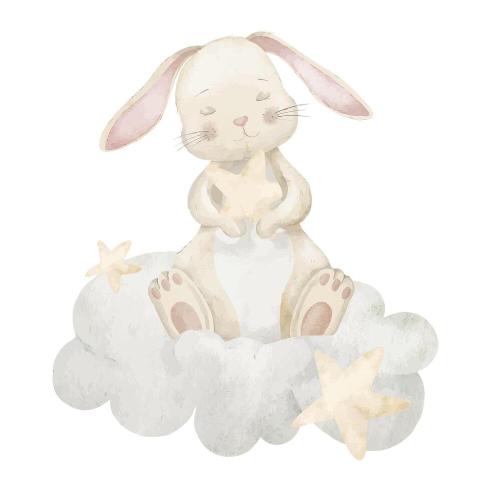 Watercolor illustration of a cute Bunny sitting on a fluffy cloud, holding a star. A dreamy, soft pastel drawing with Rabbit for baby shower invitations or nursery design. Art for kids greeting cards. vector