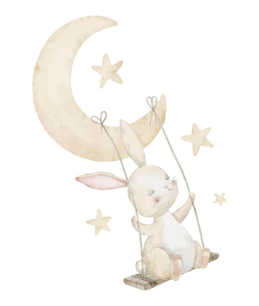 Watercolor illustration of a little Bunny swinging under a crescent moon with stars. Drawing of cute Rabbit for nursery posters or Baby shower invitations. Art with hare for childish greeting cards. vector