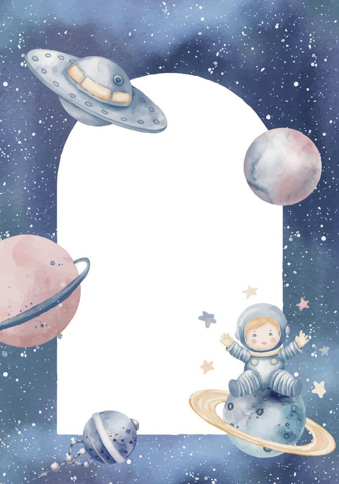 Watercolor Space template for card with a blank frame, cute child astronaut, UFO, and planets. Drawing of Cosmic background with stars for Baby shower greeting cards or childish birthday invitations. vector