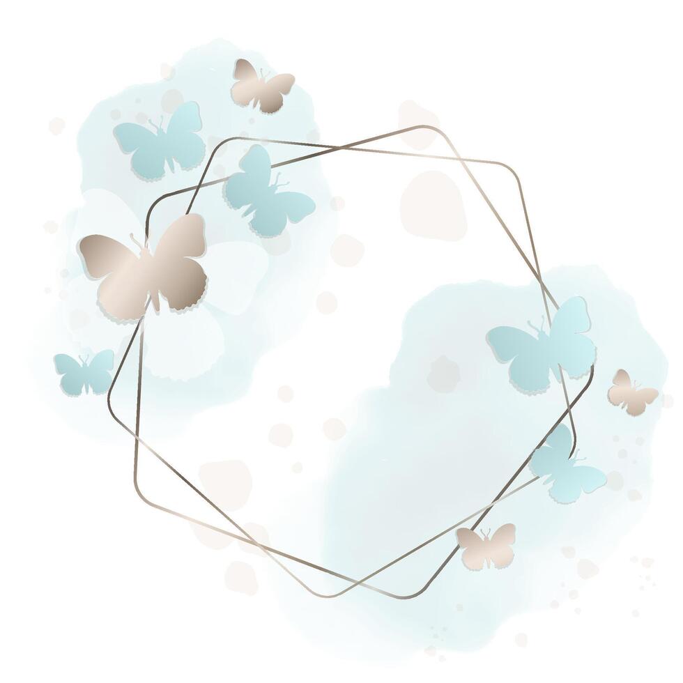 Elegant golden frame with butterflies and watercolor splashes. Delicate pastel blue and gold design for wedding invitations, greeting cards and luxury templates. vector