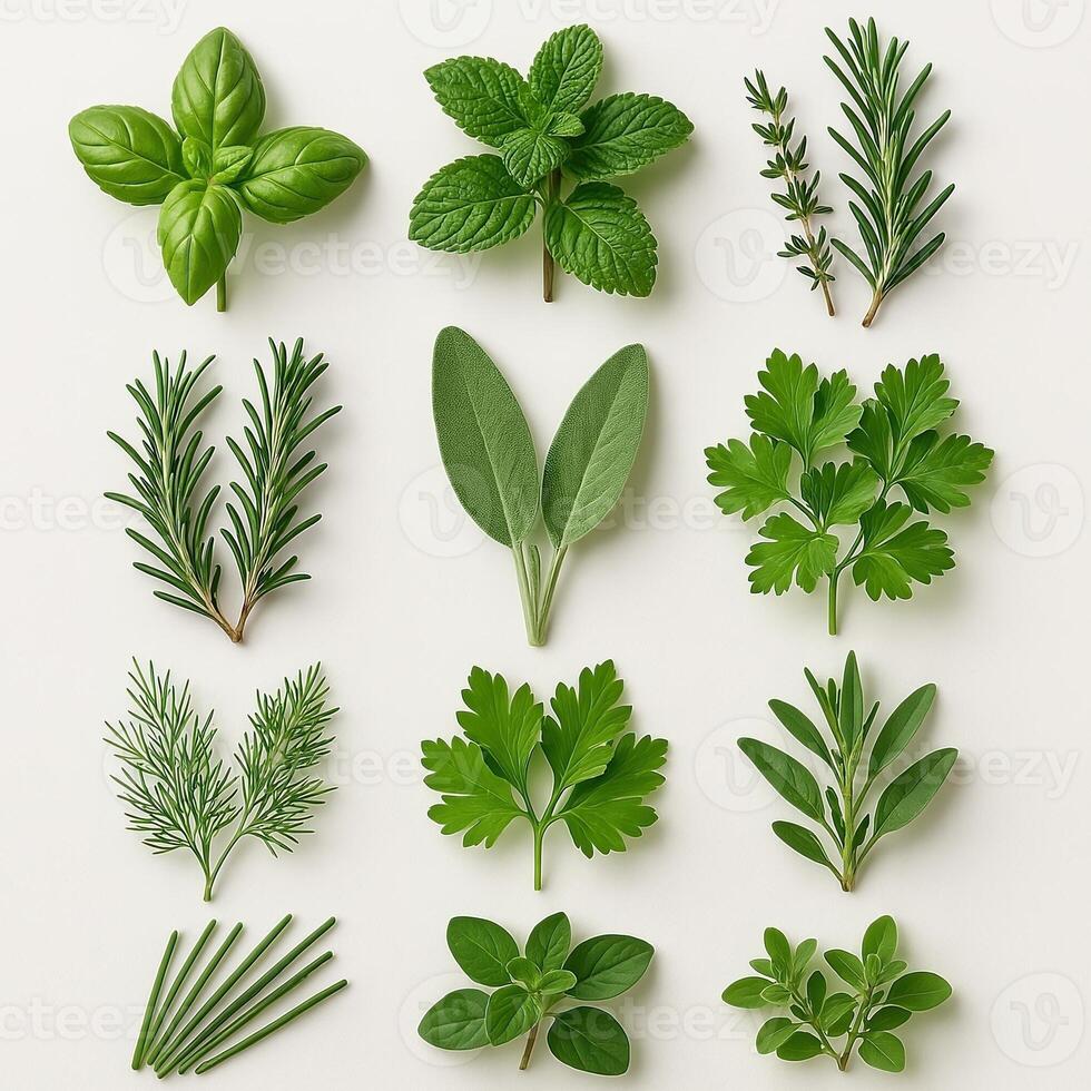 Fresh Herb Varieties Arranged in Grid Pattern Highlight Unique Textures and Vibrant Colors for Culinary and Medicinal Uses photo