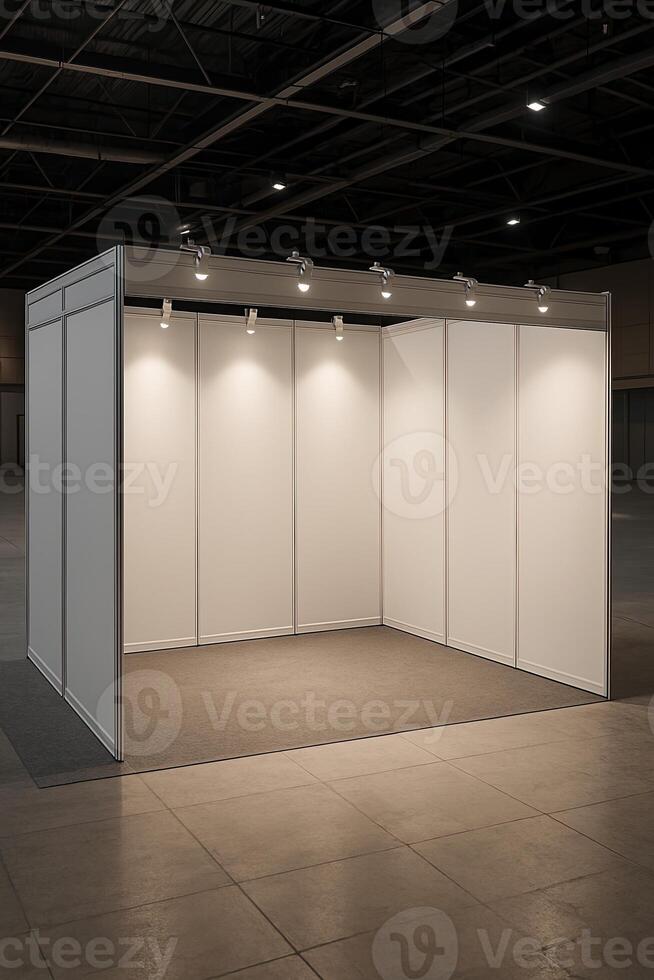 Clean White Exhibition Booth with Spotlights in Convention Center, Ideal for Branding and Display at Business Expo, Mockup Environment for Advertising and Trade Shows, Prominent Branding Space photo