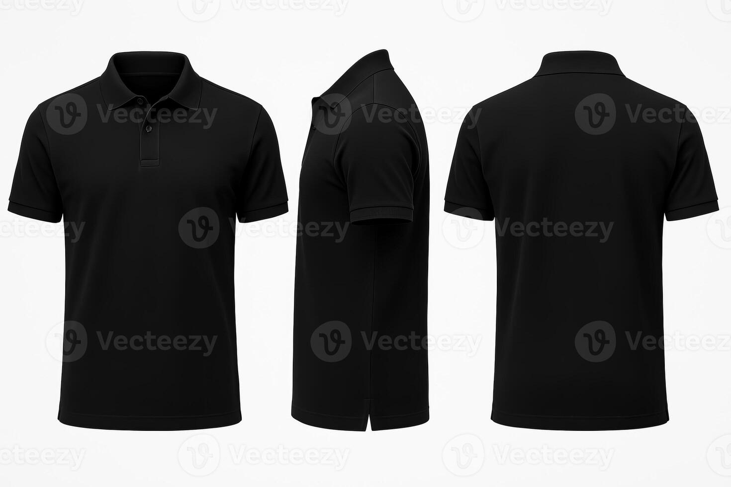 Black Polo Shirt Displayed in Front Back and Side Views on a White Background for Product Mockup Design photo