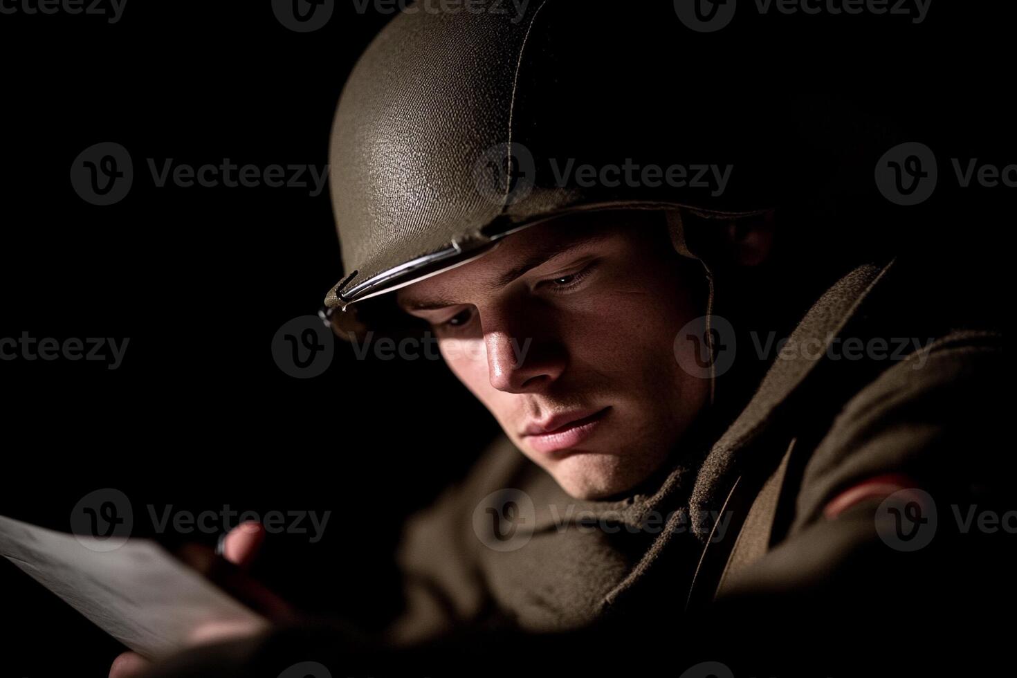 A man in a military uniform is reading a paper photo