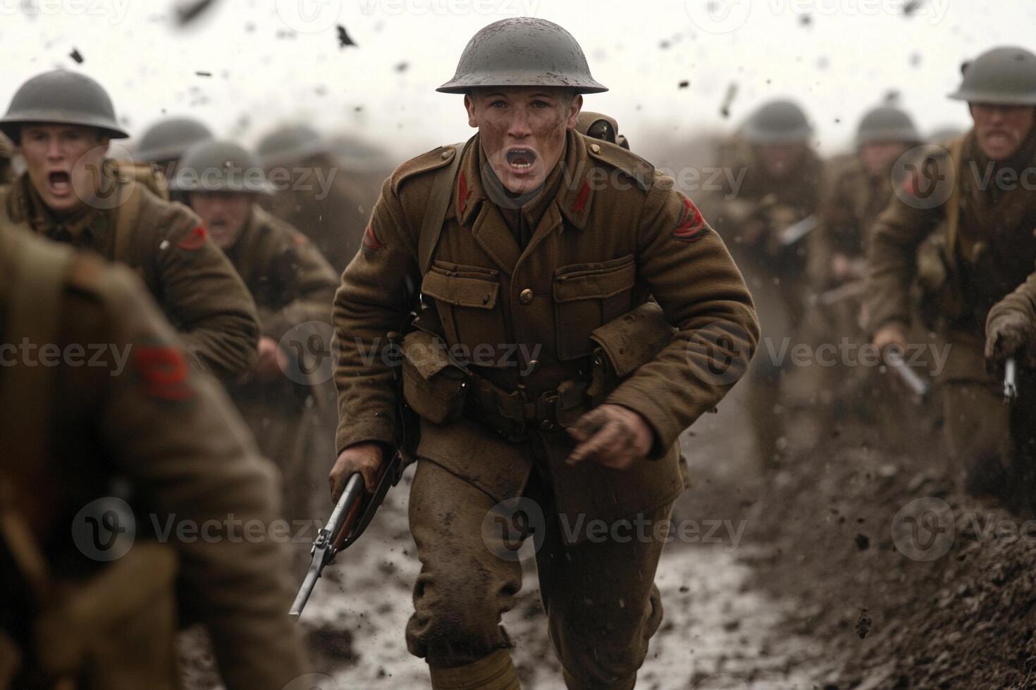 A group of soldiers running through the mud photo