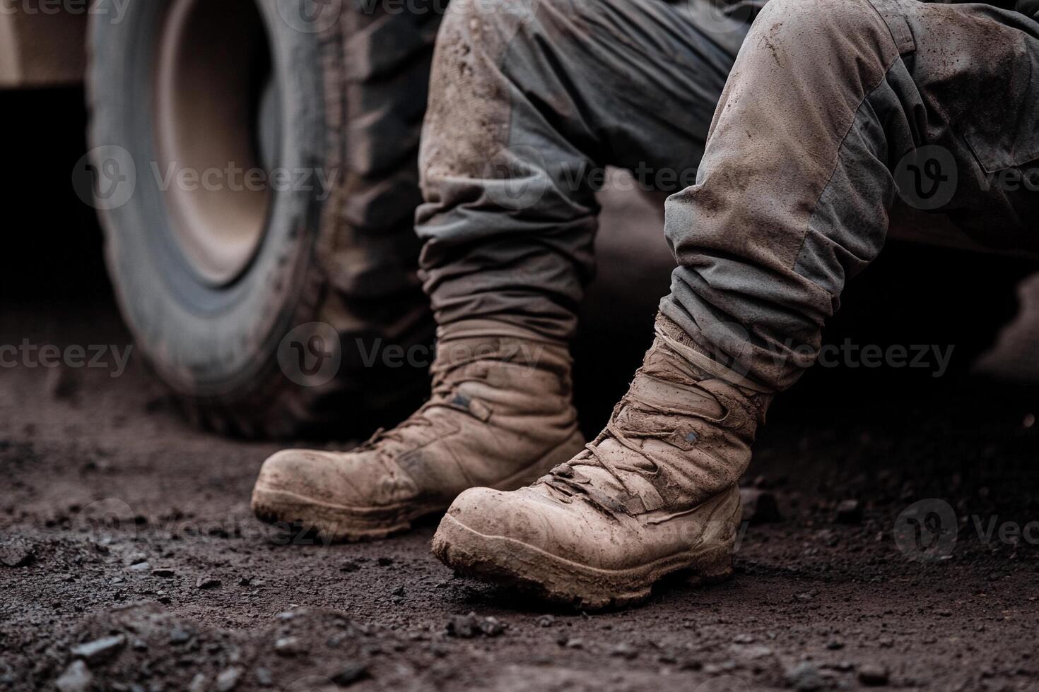 A man in boots sitting on the ground next to a truck photo