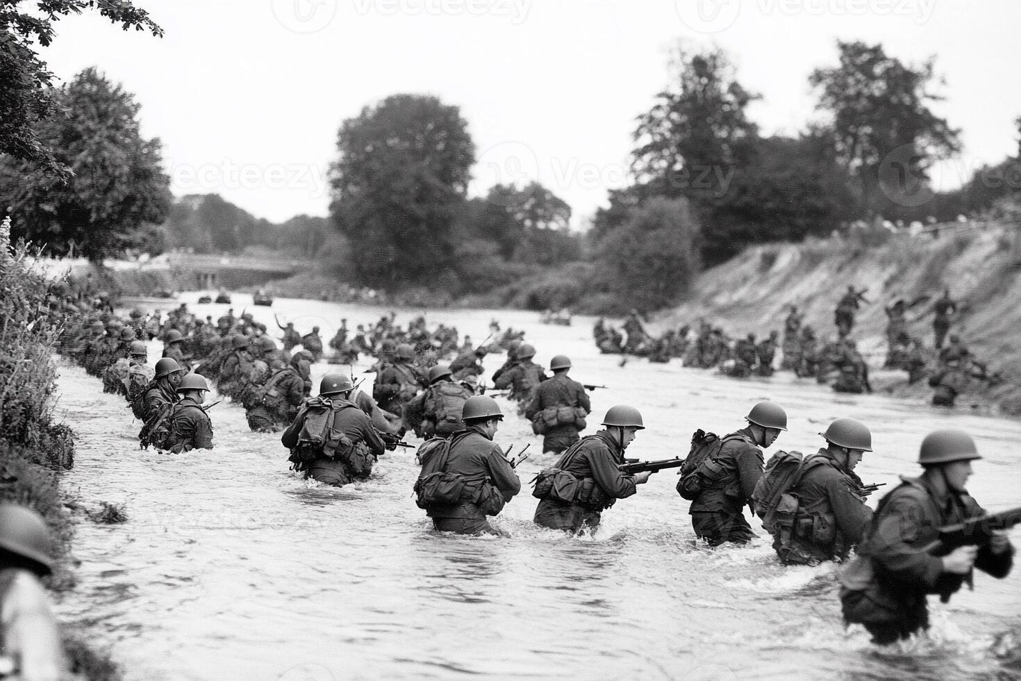 A group of soldiers are crossing a river photo