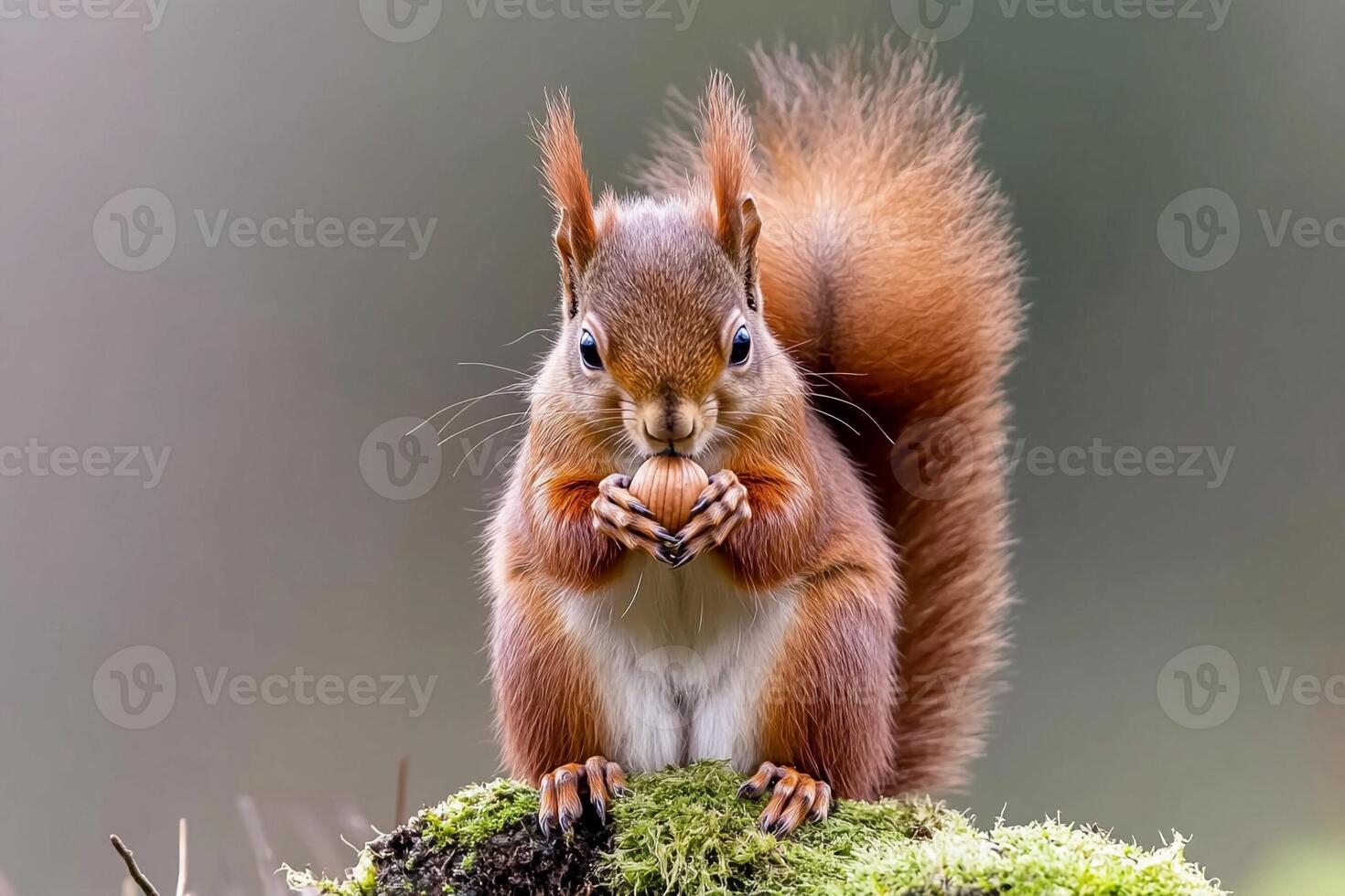 A red squirrel eating a nut on a moss covered rock photo