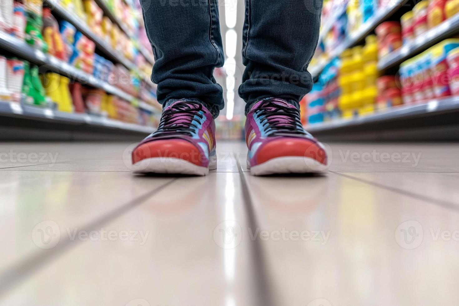 A person wearing sneakers standing in a aisle photo