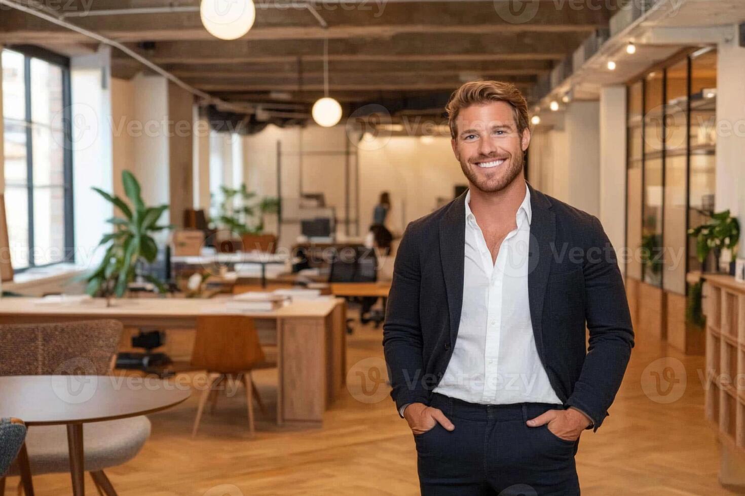 A man standing in an office with a desk and chairs photo