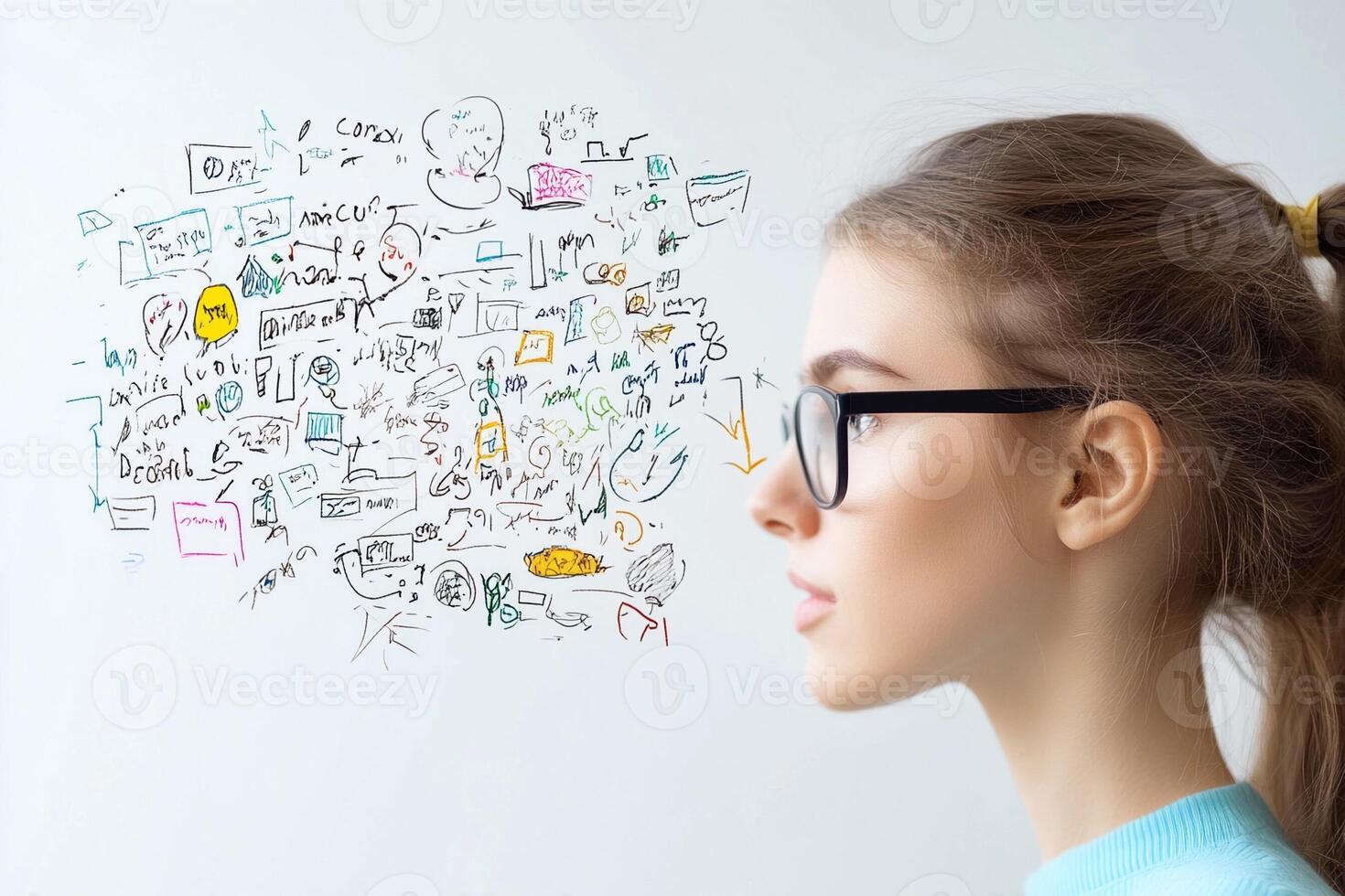 A woman with glasses looking at a wall with doodles on it photo