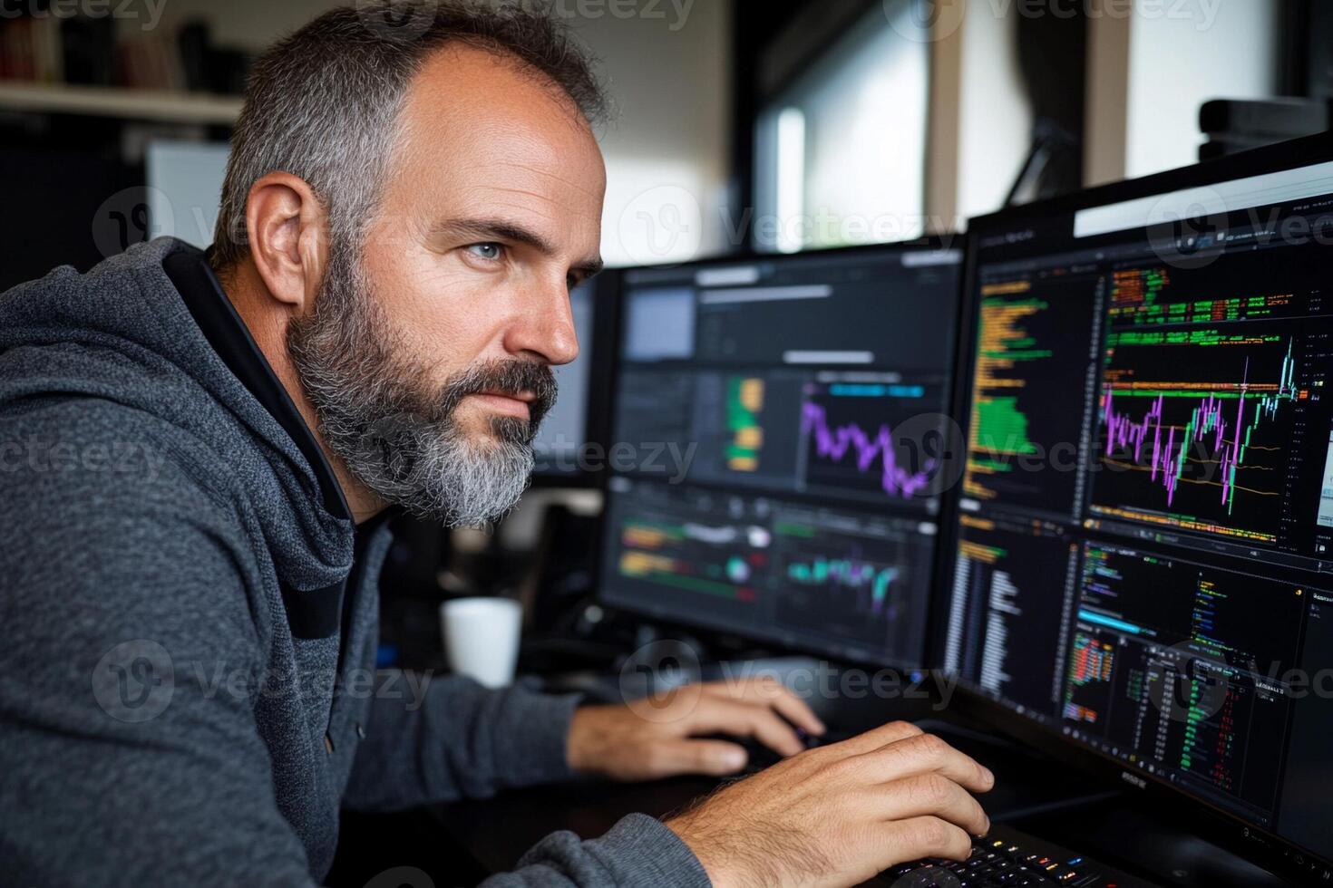 A man with a beard and beard sitting at a desk with multiple computer screens photo