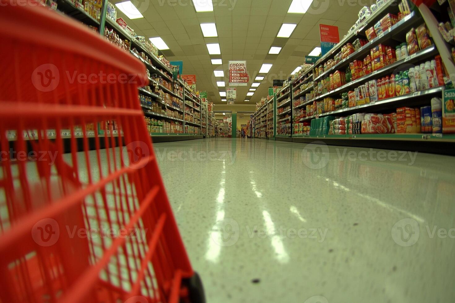 A red shopping cart is in the middle of a grocery store photo