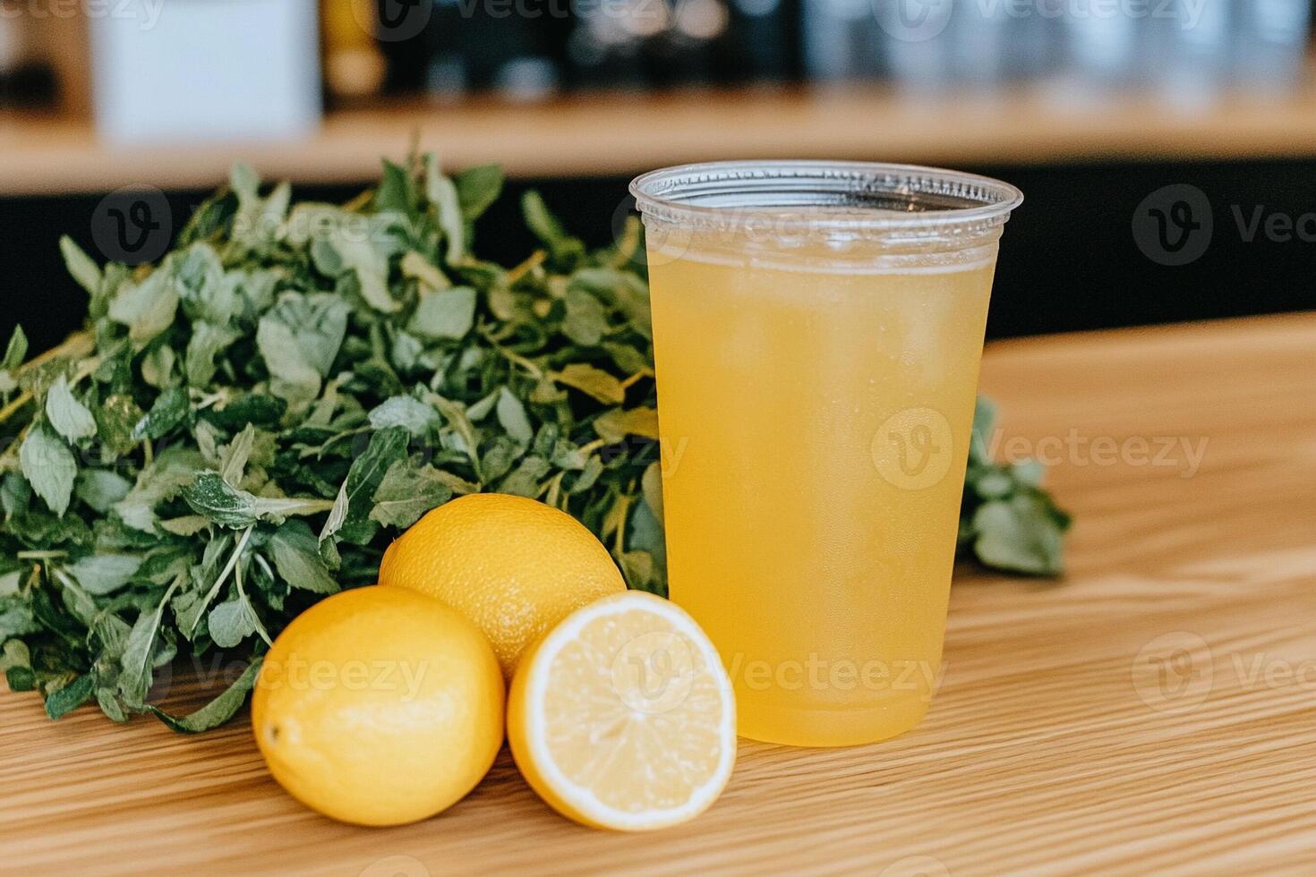 A glass of lemonade and some leaves on a table photo