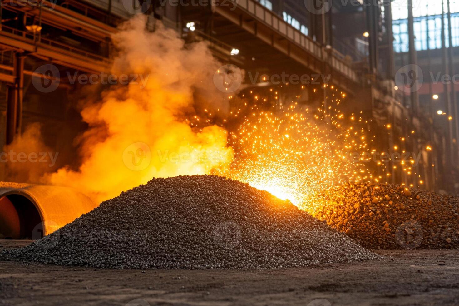 A pile of metal being poured into a furnace photo