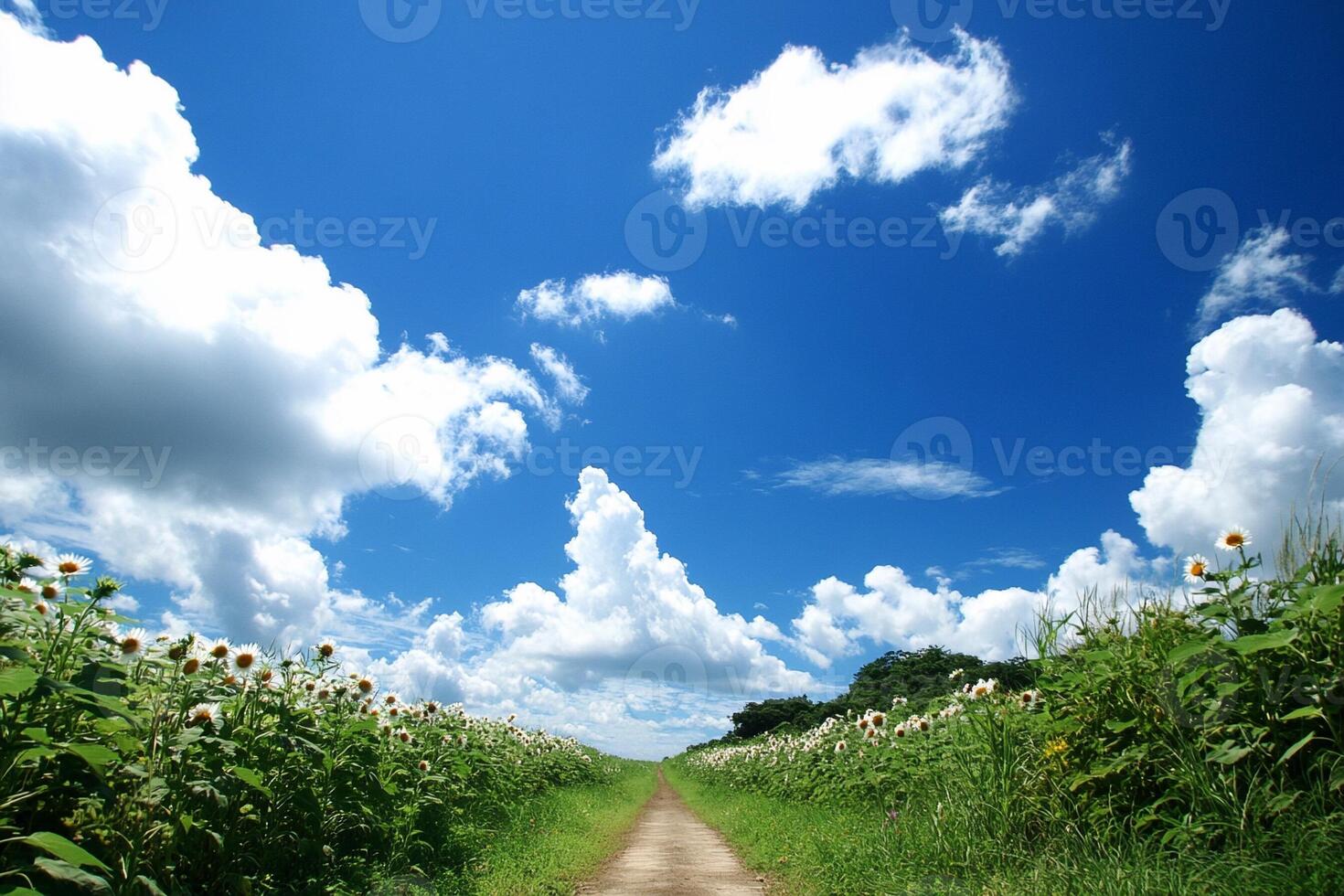 A dirt road leads to a field of sunflowers photo