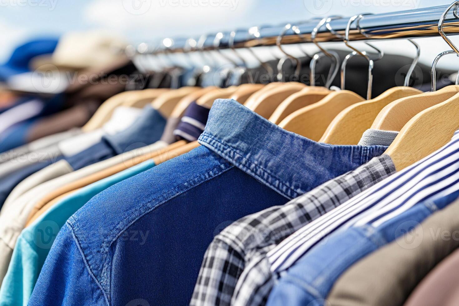 Many shirts are hanging on a rack photo