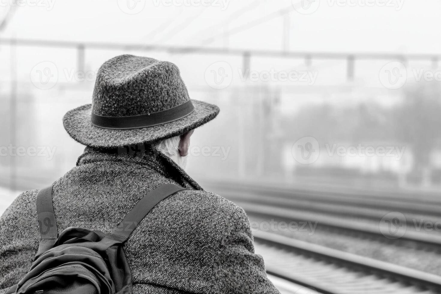 A man in a hat and coat stands on the platform of a train photo