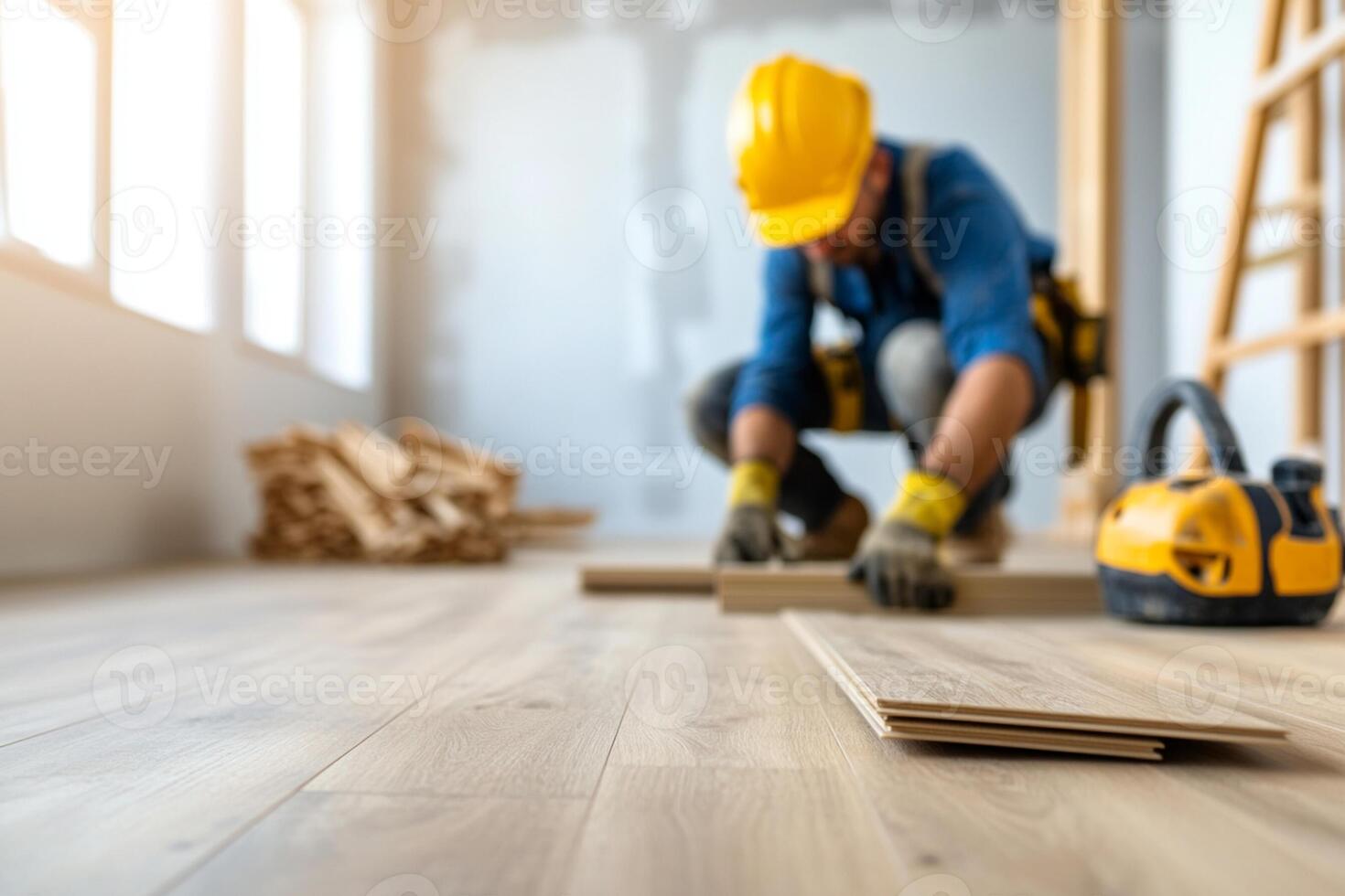 A man in a hard hat and safety glasses working on a wooden floor photo
