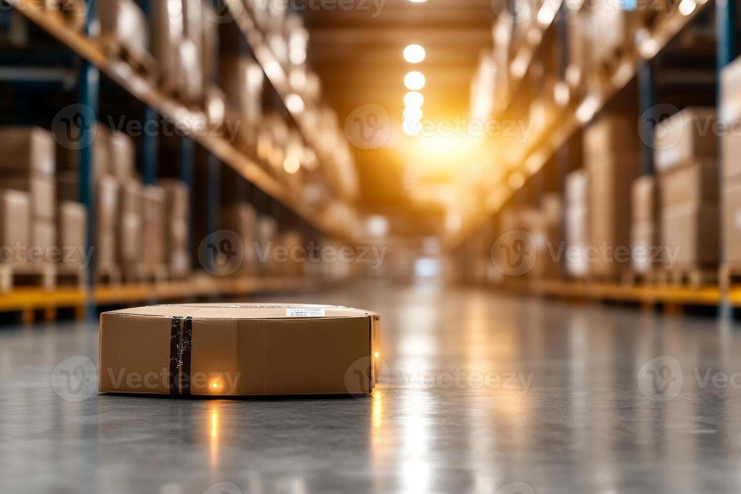 A robot is sitting on the floor in a warehouse photo