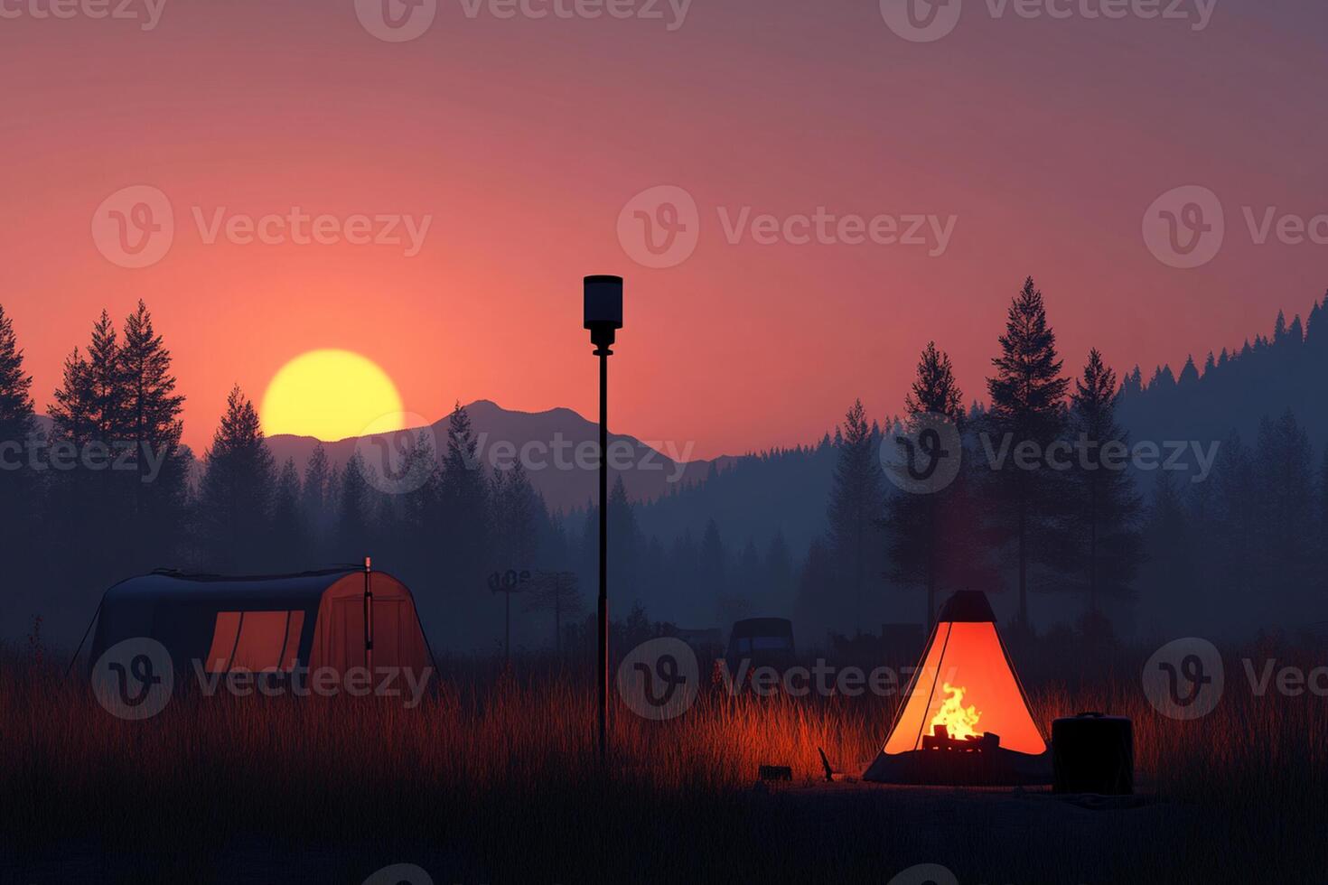 A campfire and tent in the middle of a field photo