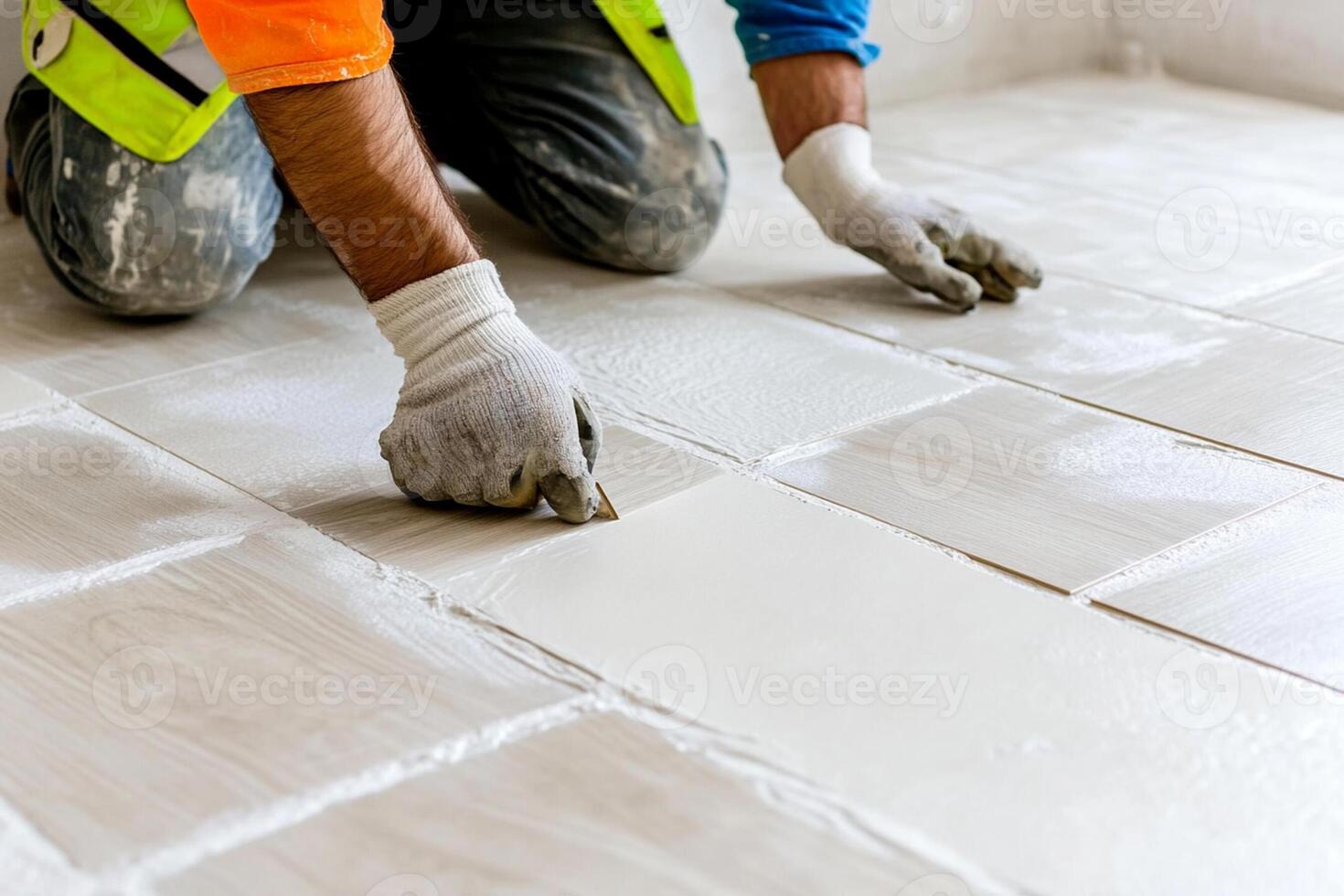 A man is laying tile on a floor photo