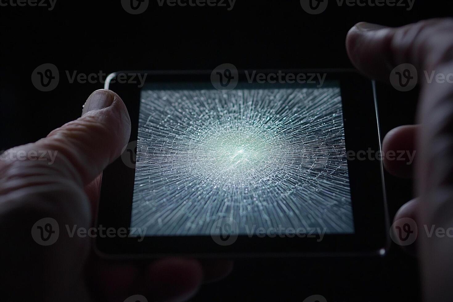 A person holding up a small screen with a broken screen photo