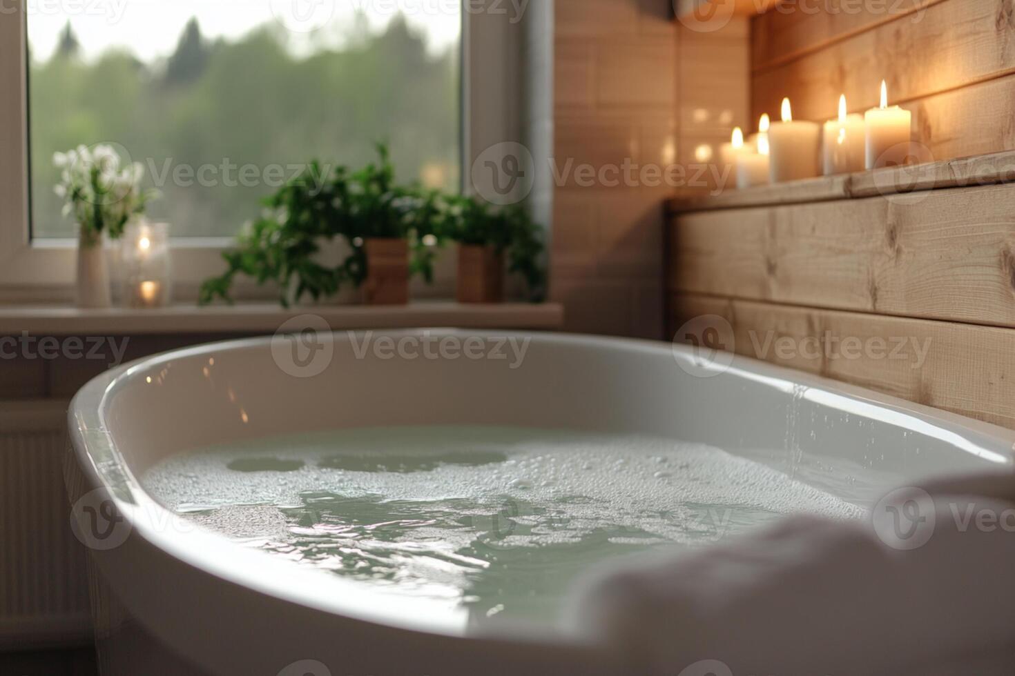 A bathtub with candles and a window photo