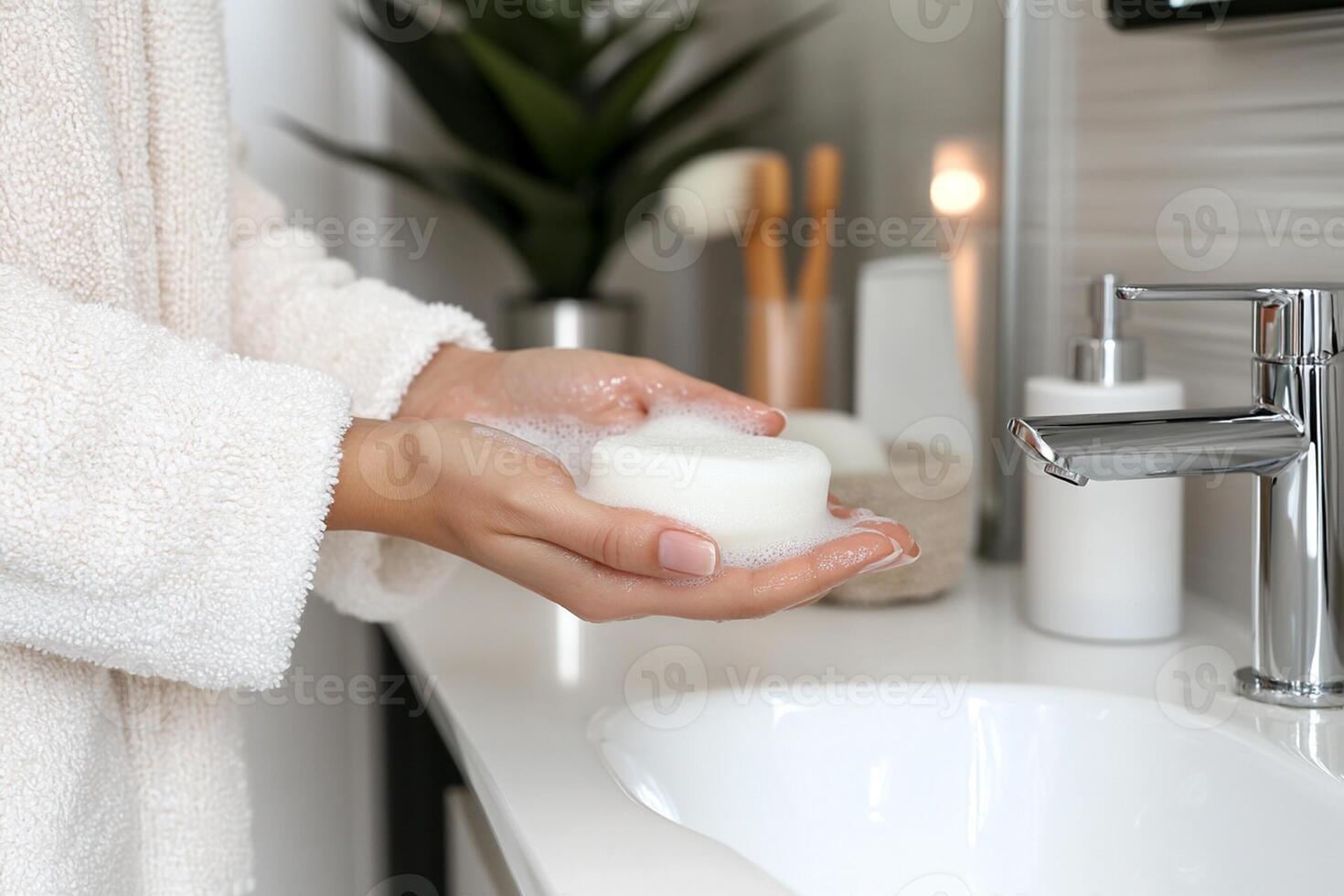 A person in a bathrobe is washing their hands photo