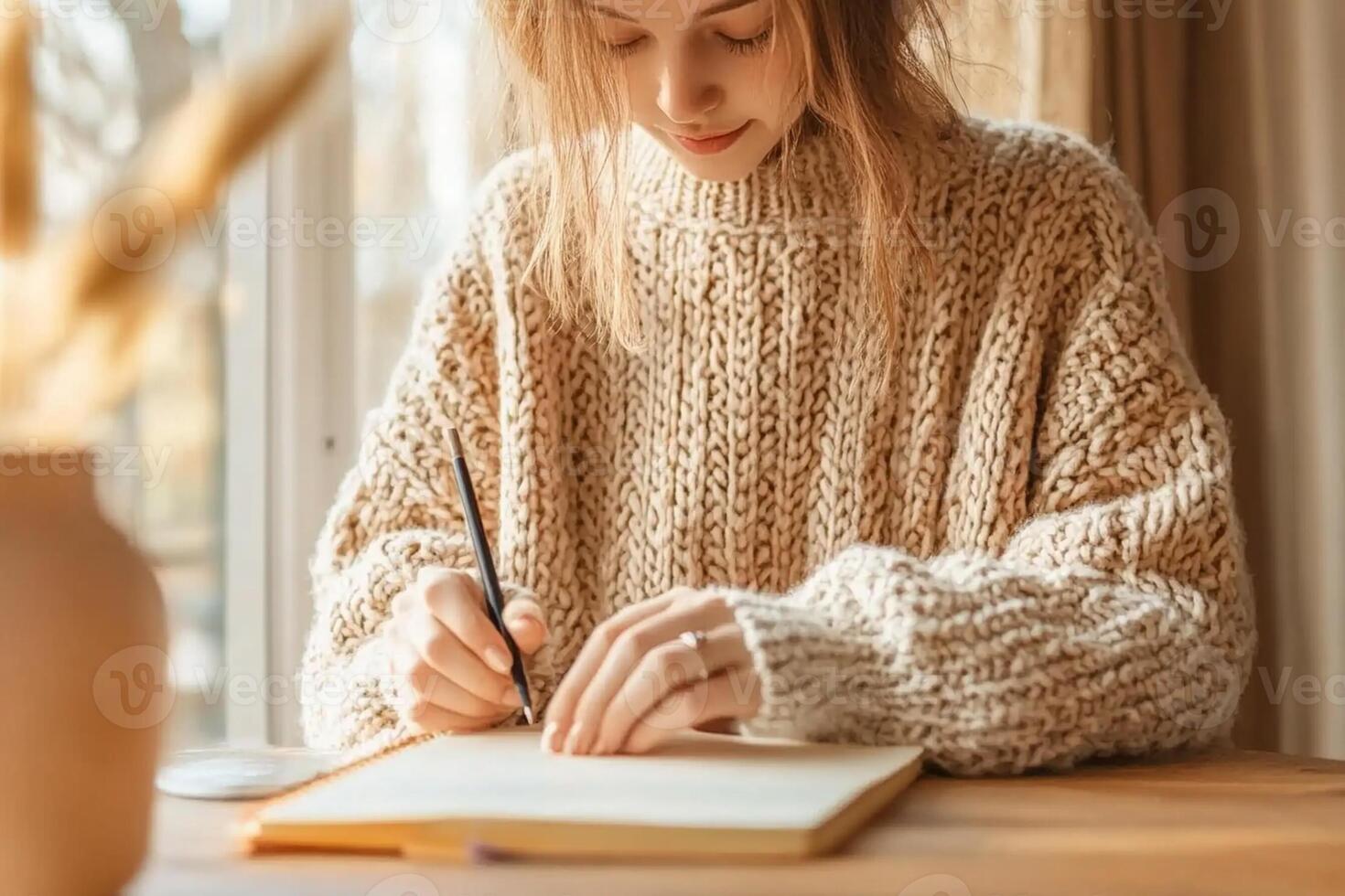A woman in a sweater is writing in a notebook photo