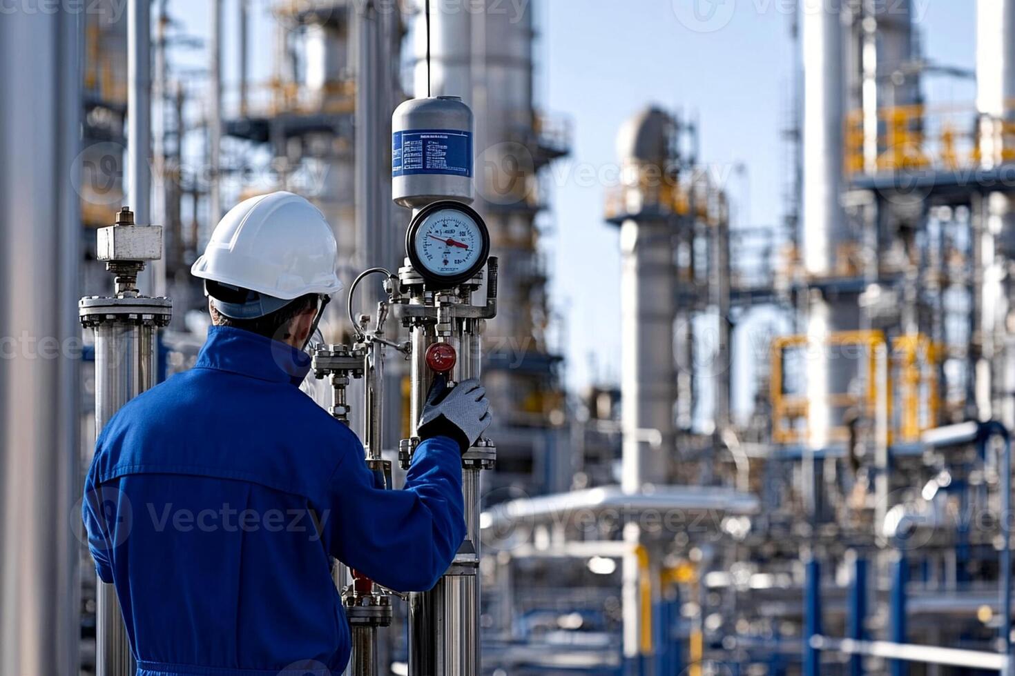 A man in a blue uniform is standing in front of a large oil refinery photo